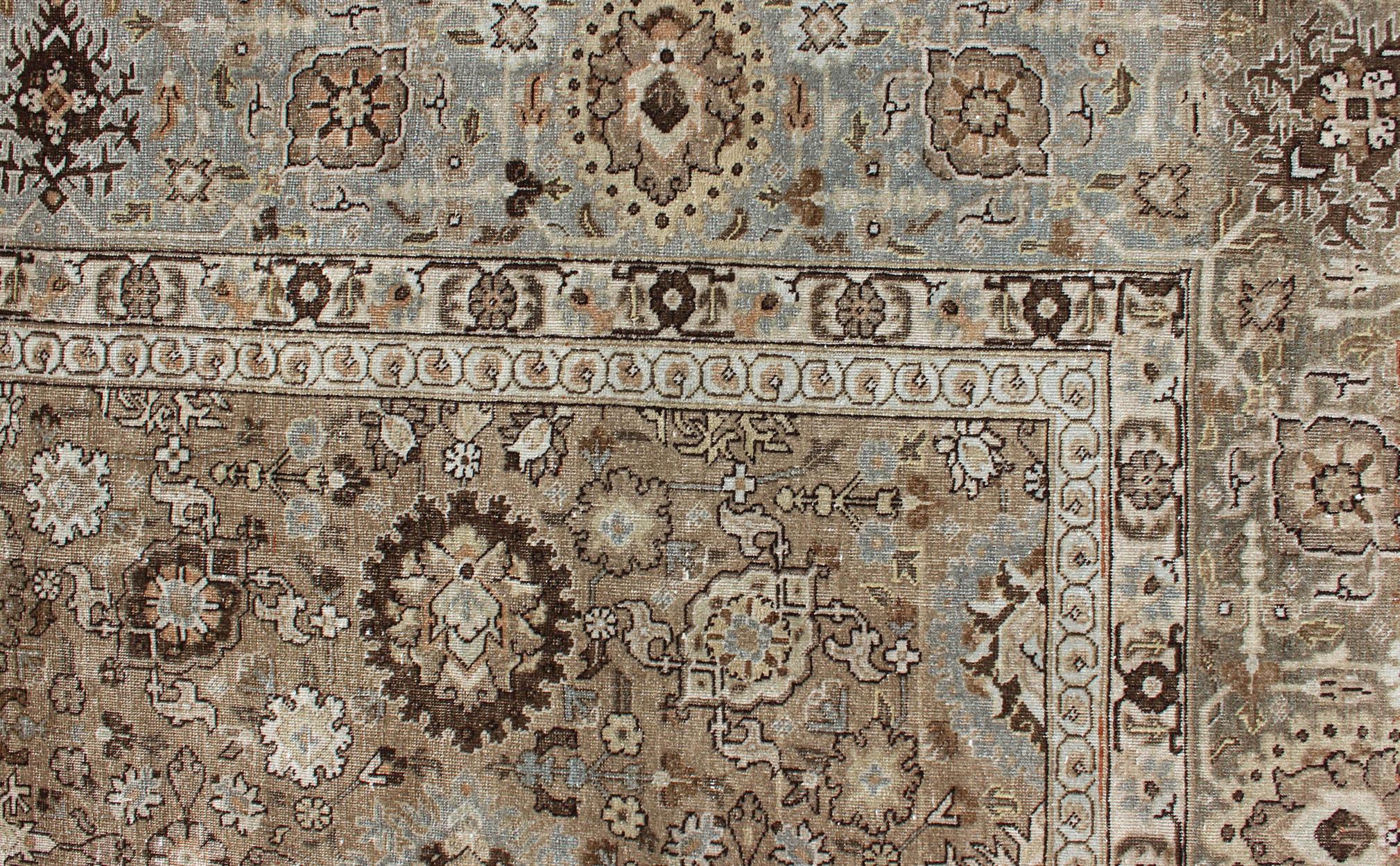Antique Persian Tabriz Rug in Mocha, Camel, Brown, Gray and Light Blue For Sale 2