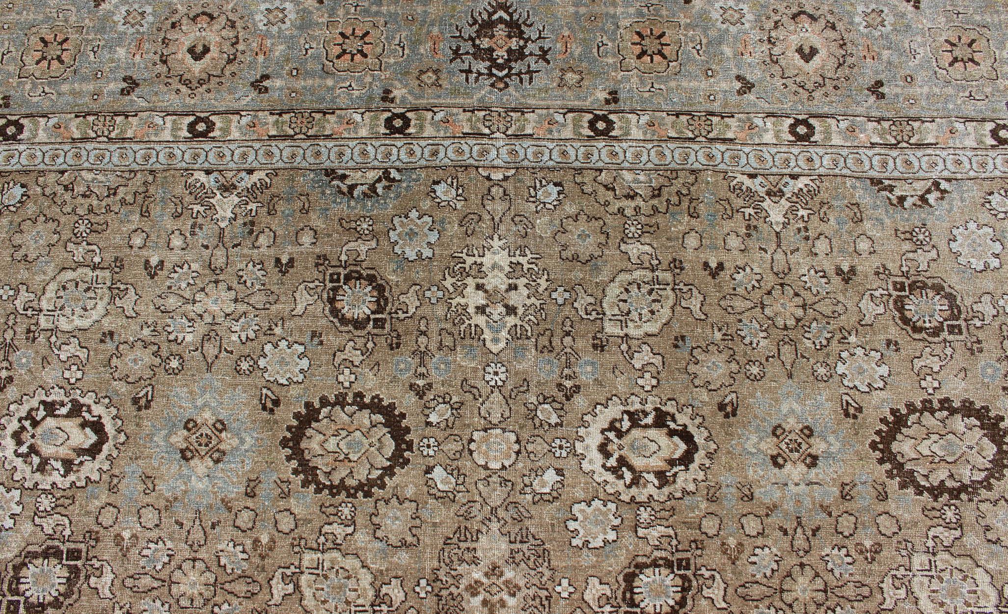 Early 20th Century Antique Persian Tabriz Rug in Mocha, Camel, Brown, Gray and Light Blue For Sale