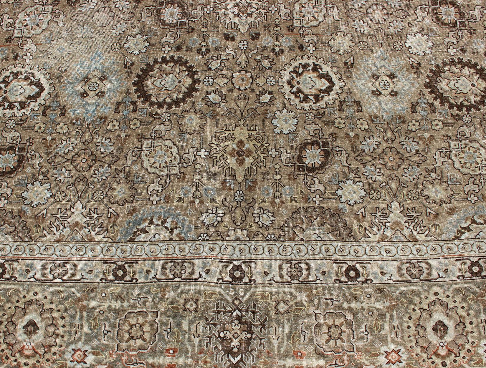 Wool Antique Persian Tabriz Rug in Mocha, Camel, Brown, Gray and Light Blue For Sale