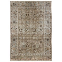 Antique Persian Tabriz Rug in Mocha, Camel, Brown, Gray and Light Blue