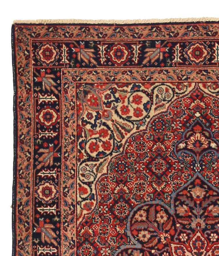 Antique Persian Tabriz Rug in Red, Black and Ivory Floral Patterns All