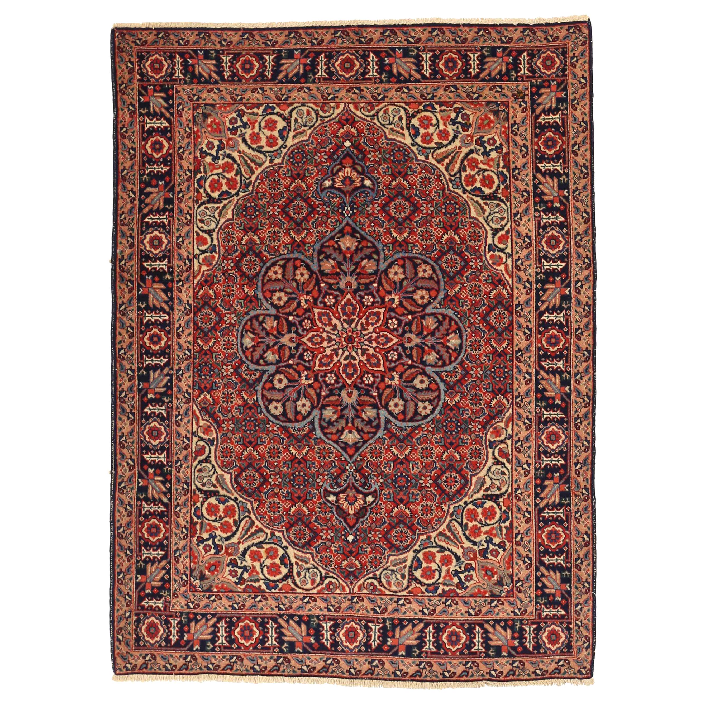 Antique Persian Tabriz Rug in Red, Black & Ivory Floral Patterns All-Over