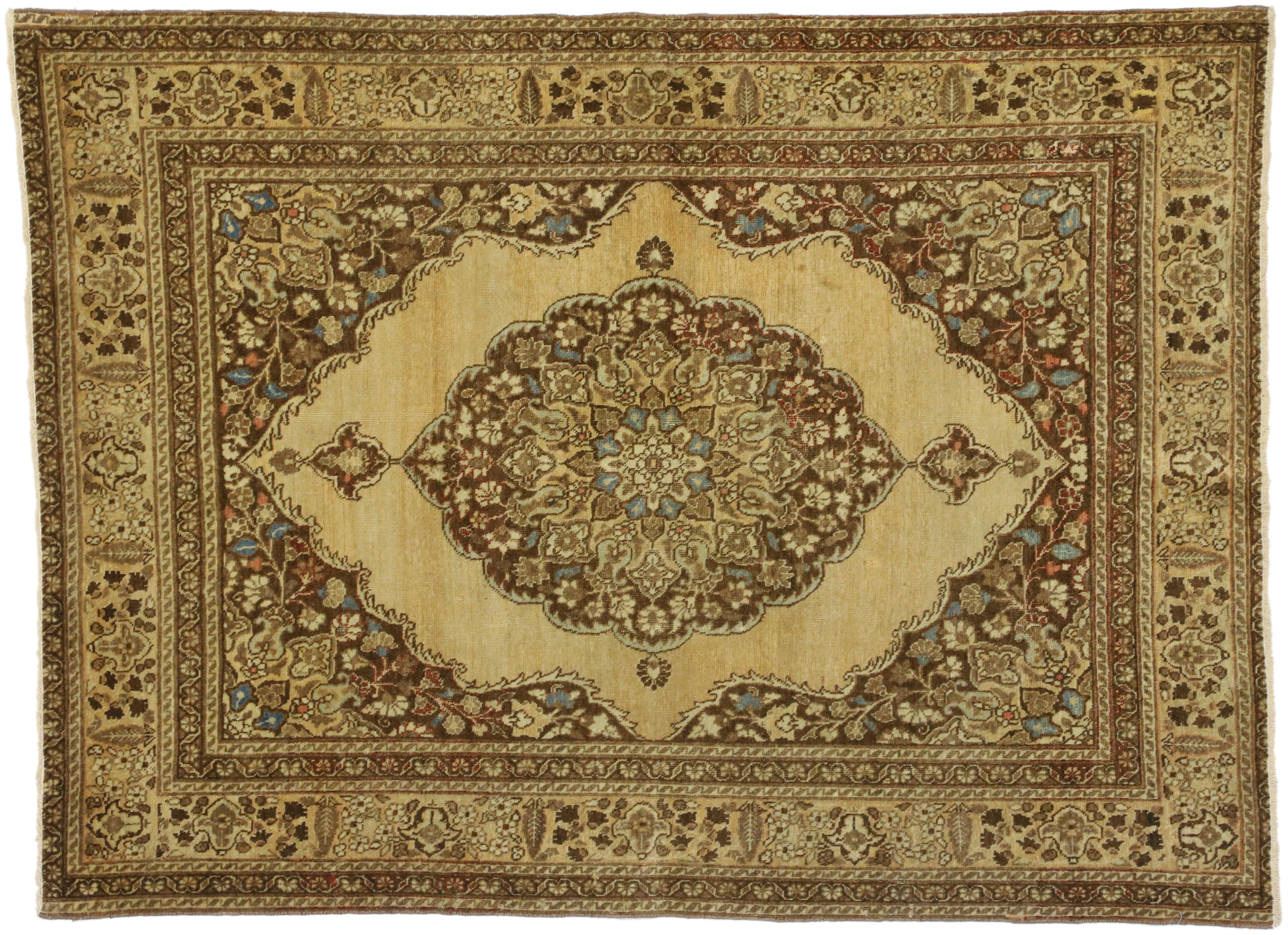 Distressed Antique Persian Tabriz Accent Rug with Rustic Artisan Style For Sale 4