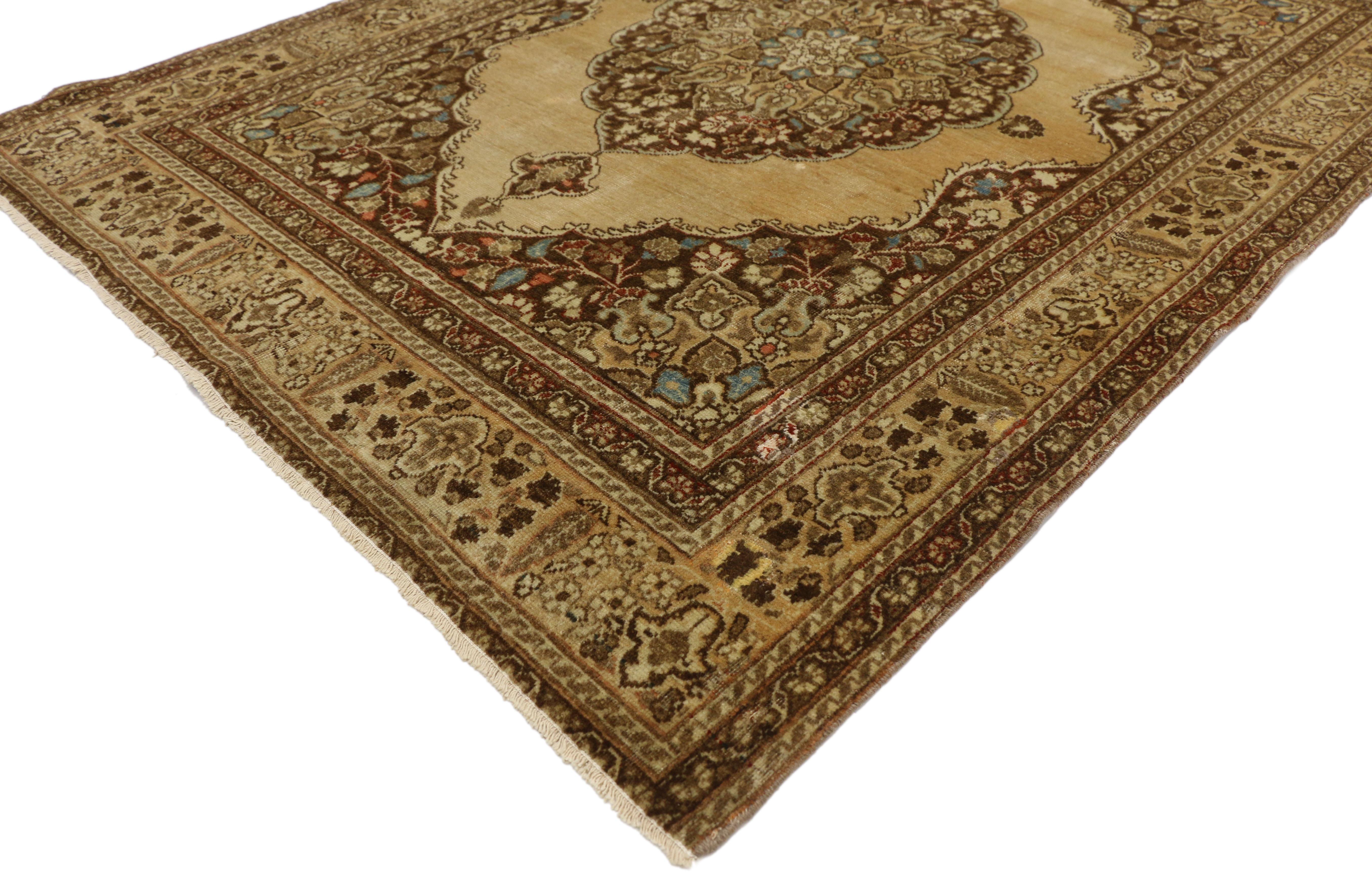 Hand-Knotted Distressed Antique Persian Tabriz Accent Rug with Rustic Artisan Style For Sale
