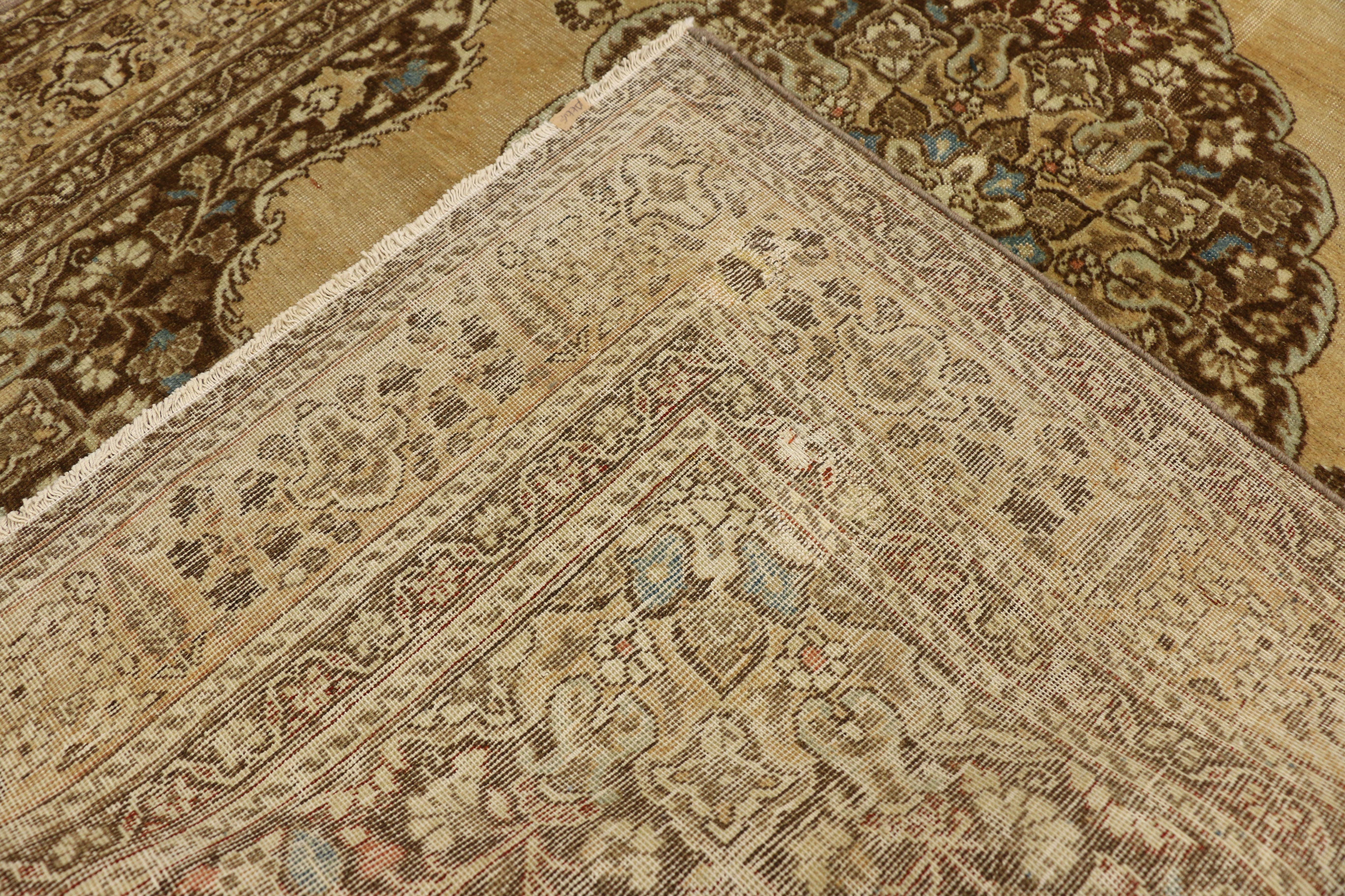Wool Distressed Antique Persian Tabriz Accent Rug with Rustic Artisan Style For Sale