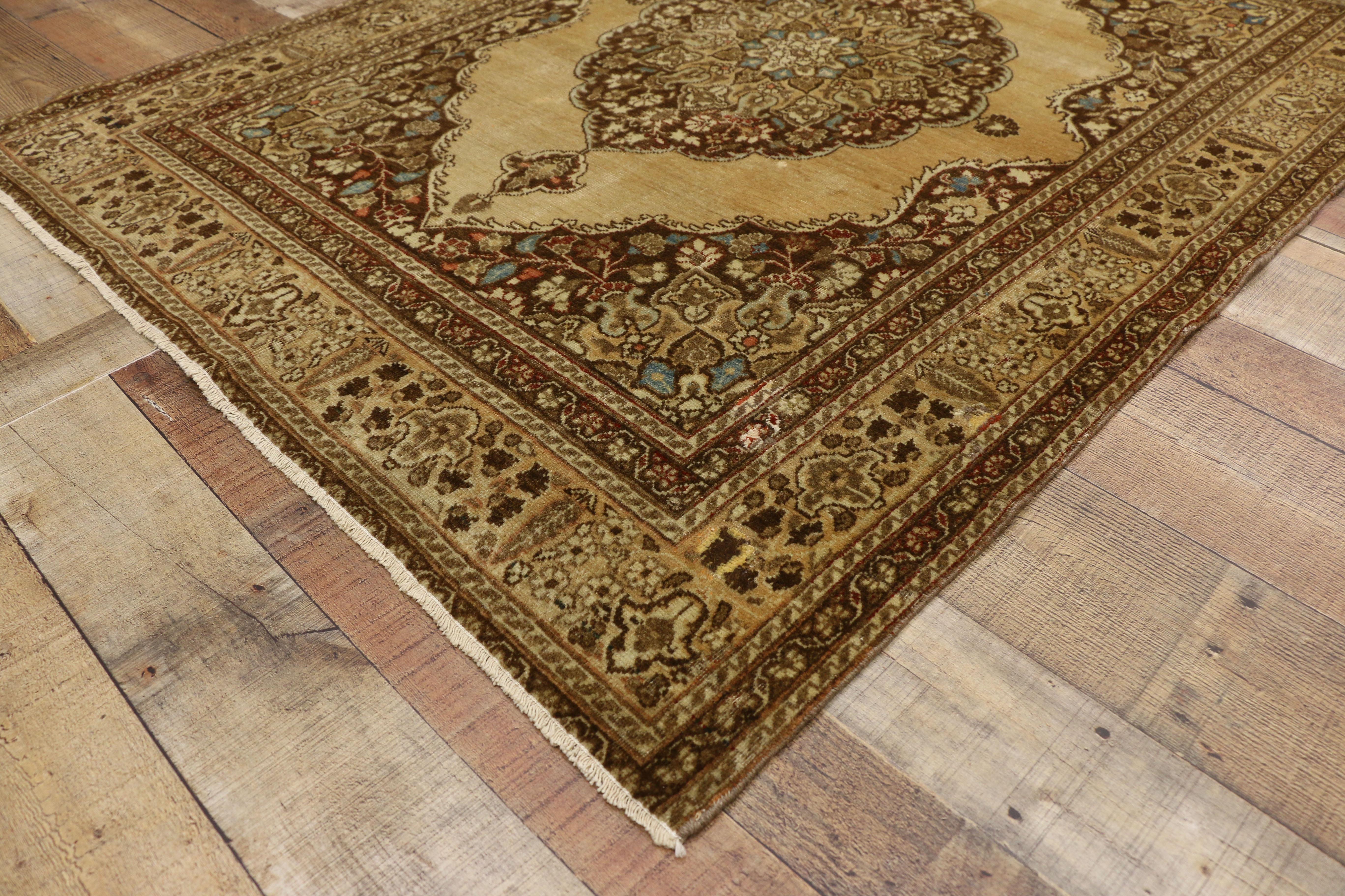 Distressed Antique Persian Tabriz Accent Rug with Rustic Artisan Style For Sale 1
