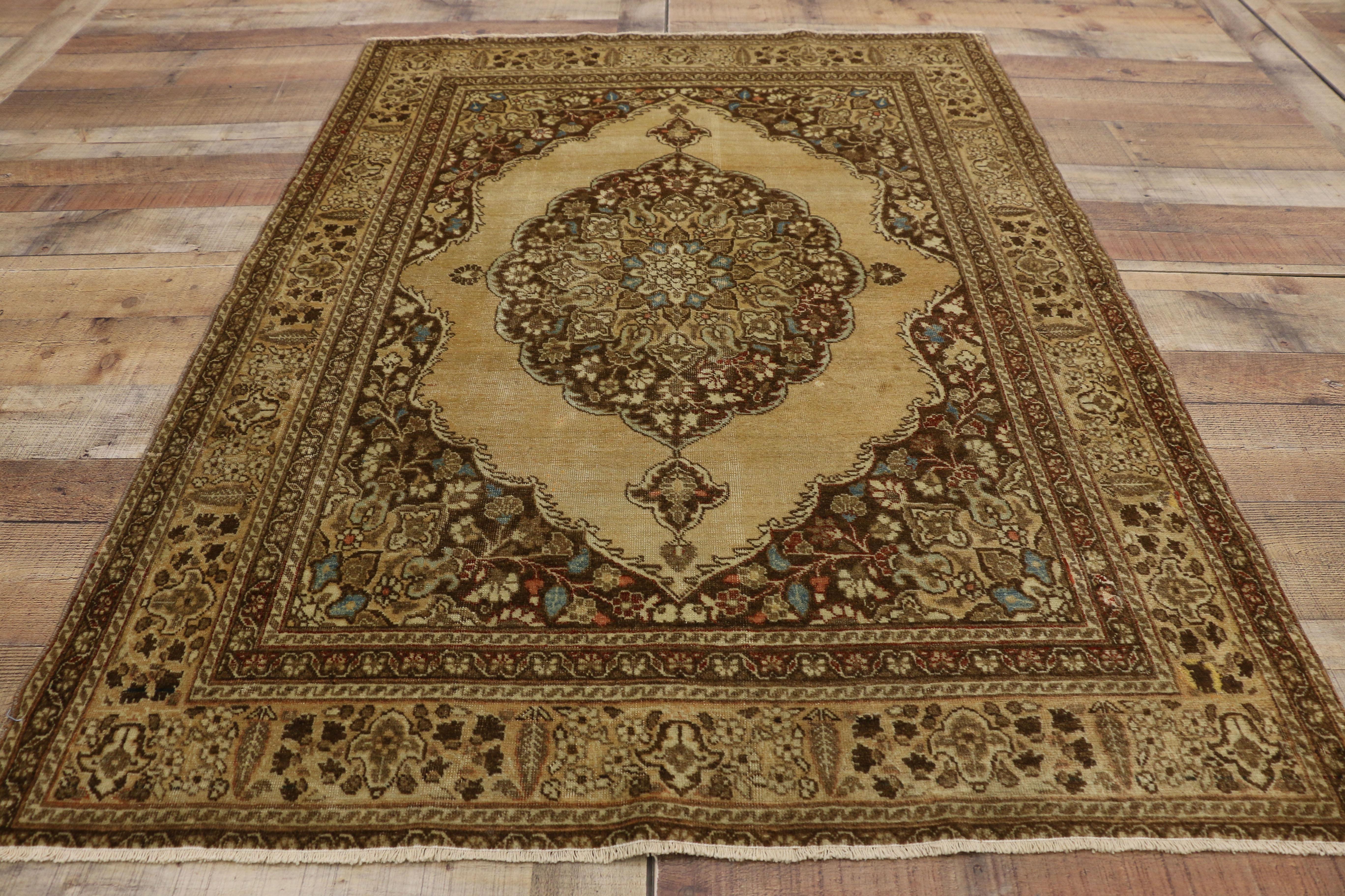 Distressed Antique Persian Tabriz Accent Rug with Rustic Artisan Style For Sale 2