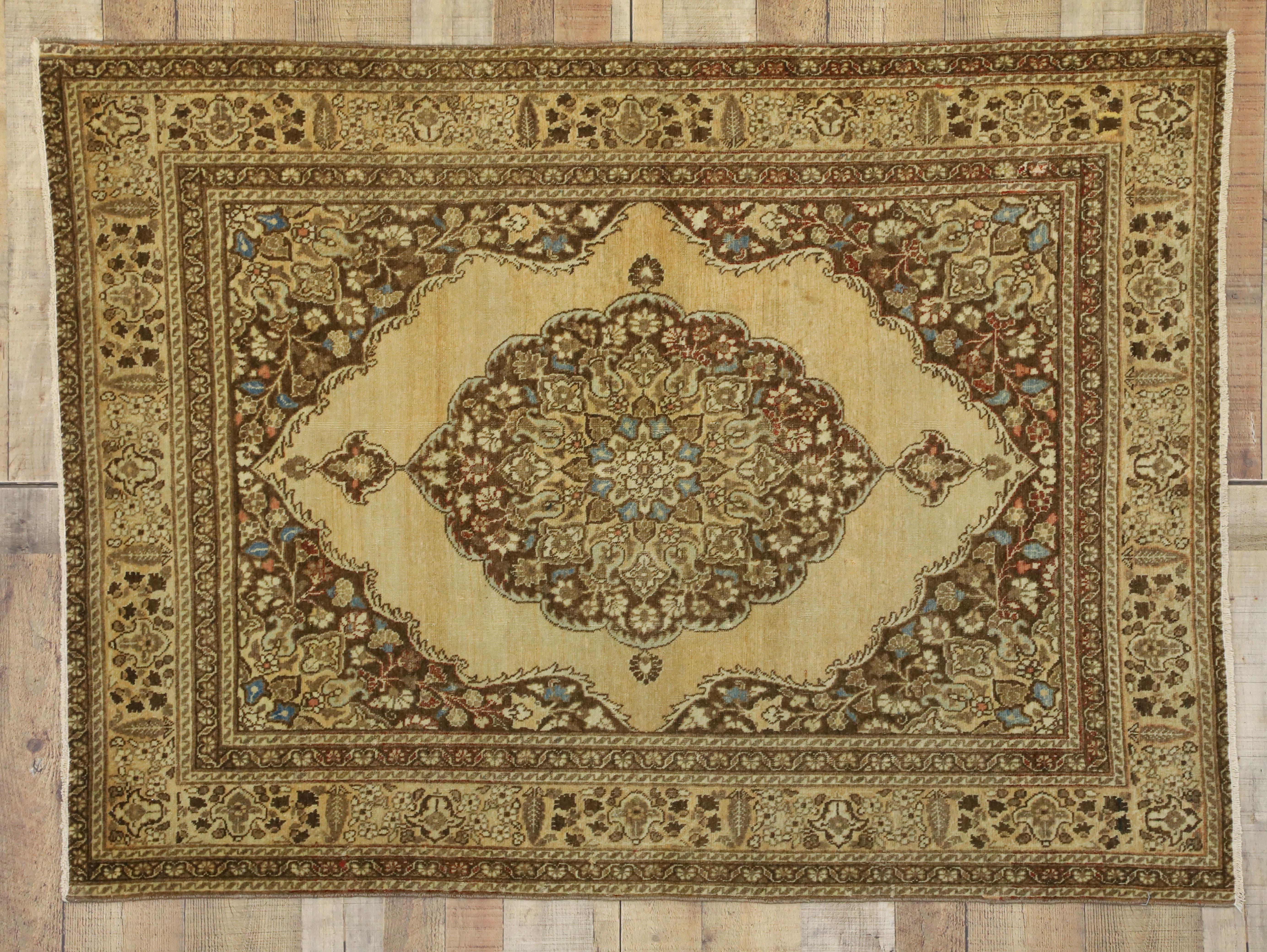 Distressed Antique Persian Tabriz Accent Rug with Rustic Artisan Style For Sale 3