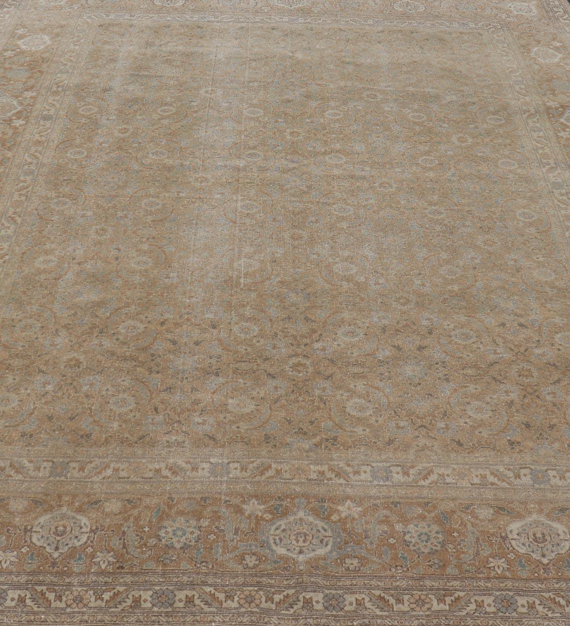Antique Persian Tabriz Rug in Wool with All-Over Floral Design in Earth Colors For Sale 5