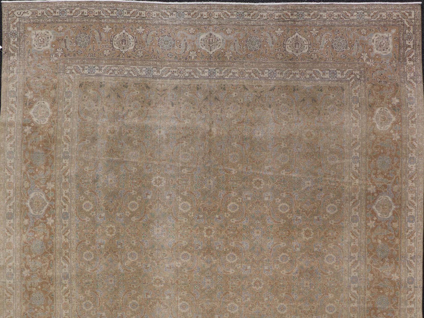 Antique Persian Tabriz Rug in Wool with All-Over Floral Design in Earth Colors For Sale 2