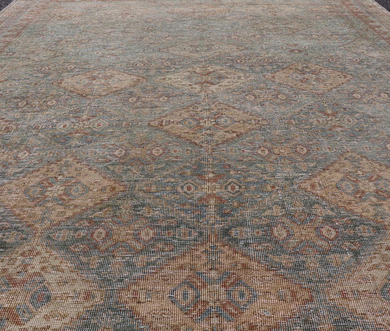 Antique Persian Tabriz Rug in Wool with Diamond Design in Blue, Apricot & Gray For Sale 5