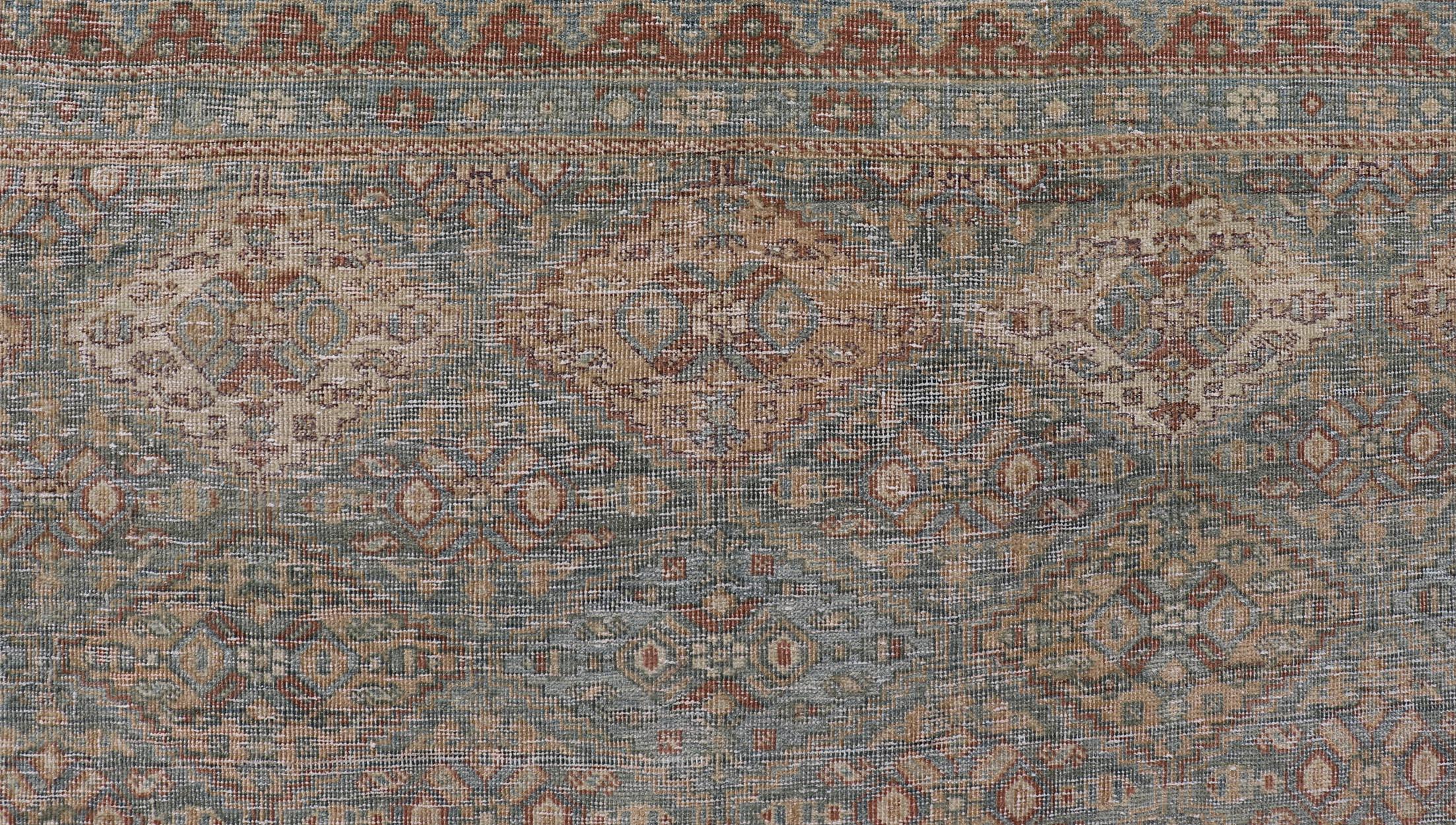 Antique Persian Tabriz Rug in Wool with Diamond Design in Blue, Apricot & Gray For Sale 7
