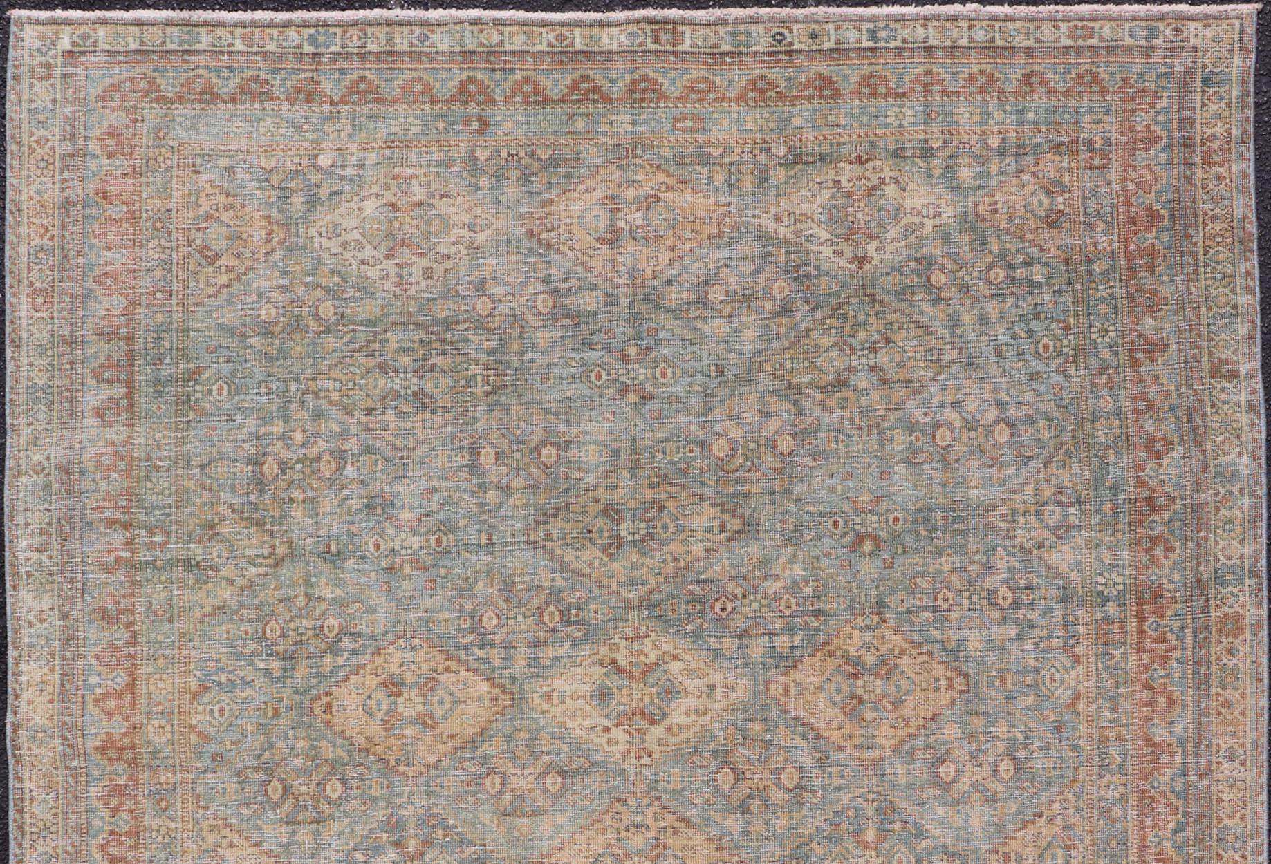 Antique Persian Tabriz Rug in Wool with Diamond Design in Blue, Apricot & Gray In Good Condition For Sale In Atlanta, GA