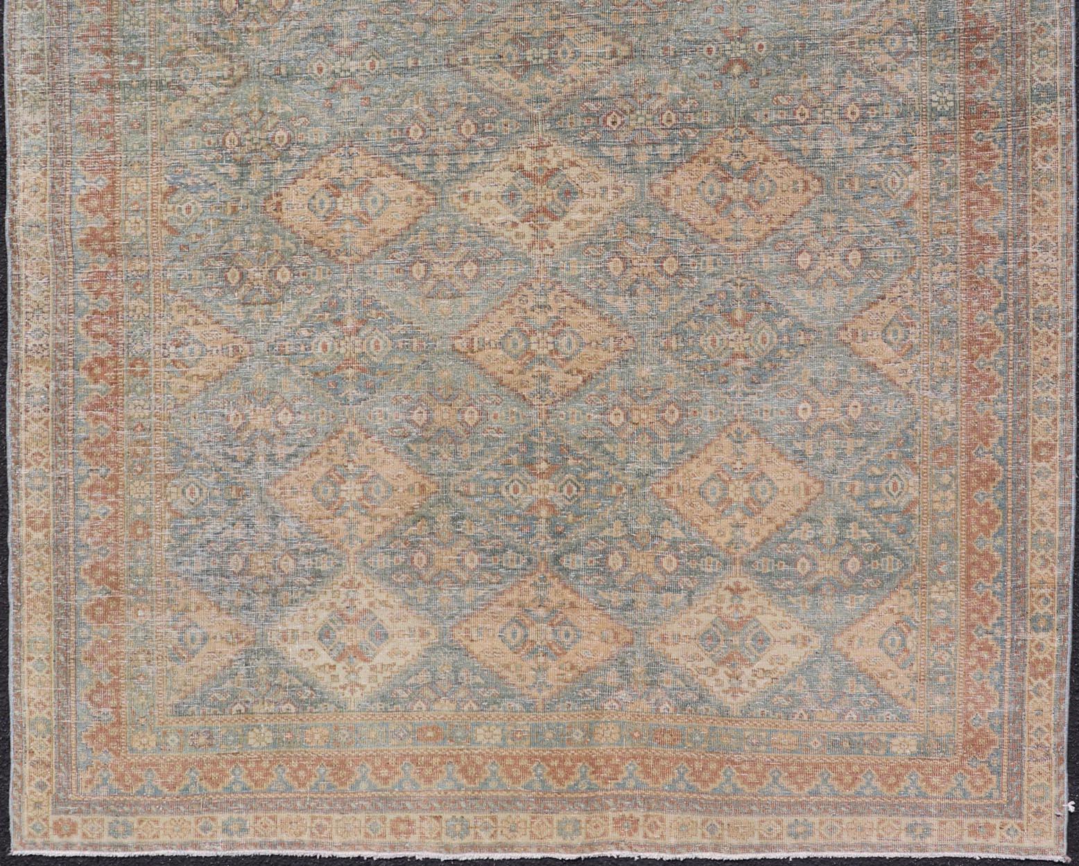 Antique Persian Tabriz Rug in Wool with Diamond Design in Blue, Apricot & Gray For Sale 1