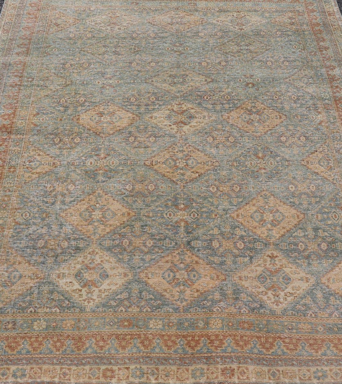 Antique Persian Tabriz Rug in Wool with Diamond Design in Blue, Apricot & Gray For Sale 4