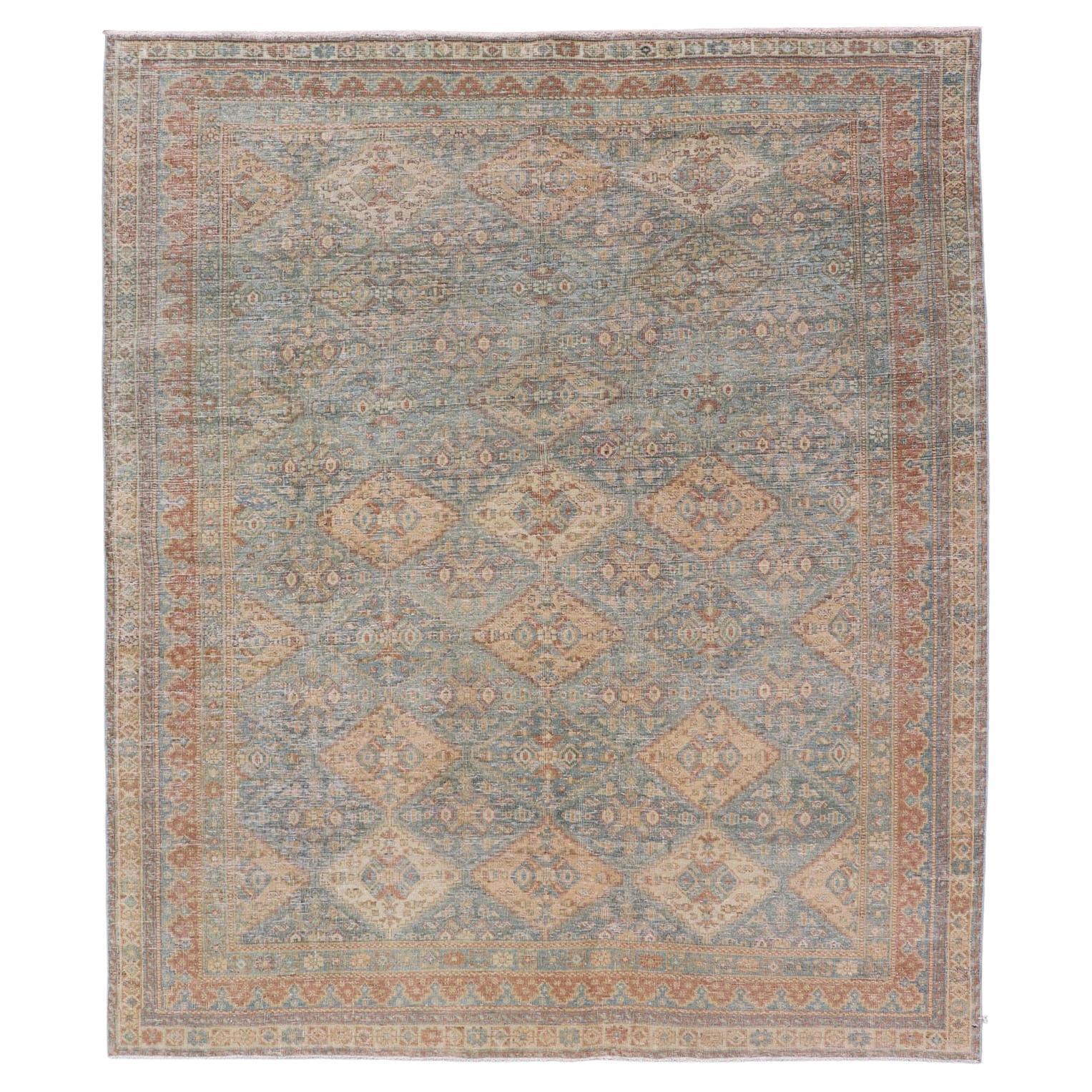 Antique Persian Tabriz Rug in Wool with Diamond Design in Blue, Apricot & Gray