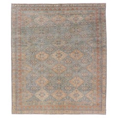 Antigua Alfombra Persa Tabriz de Lana con Diseño de Diamantes en Azul, Albaricoque y Gris