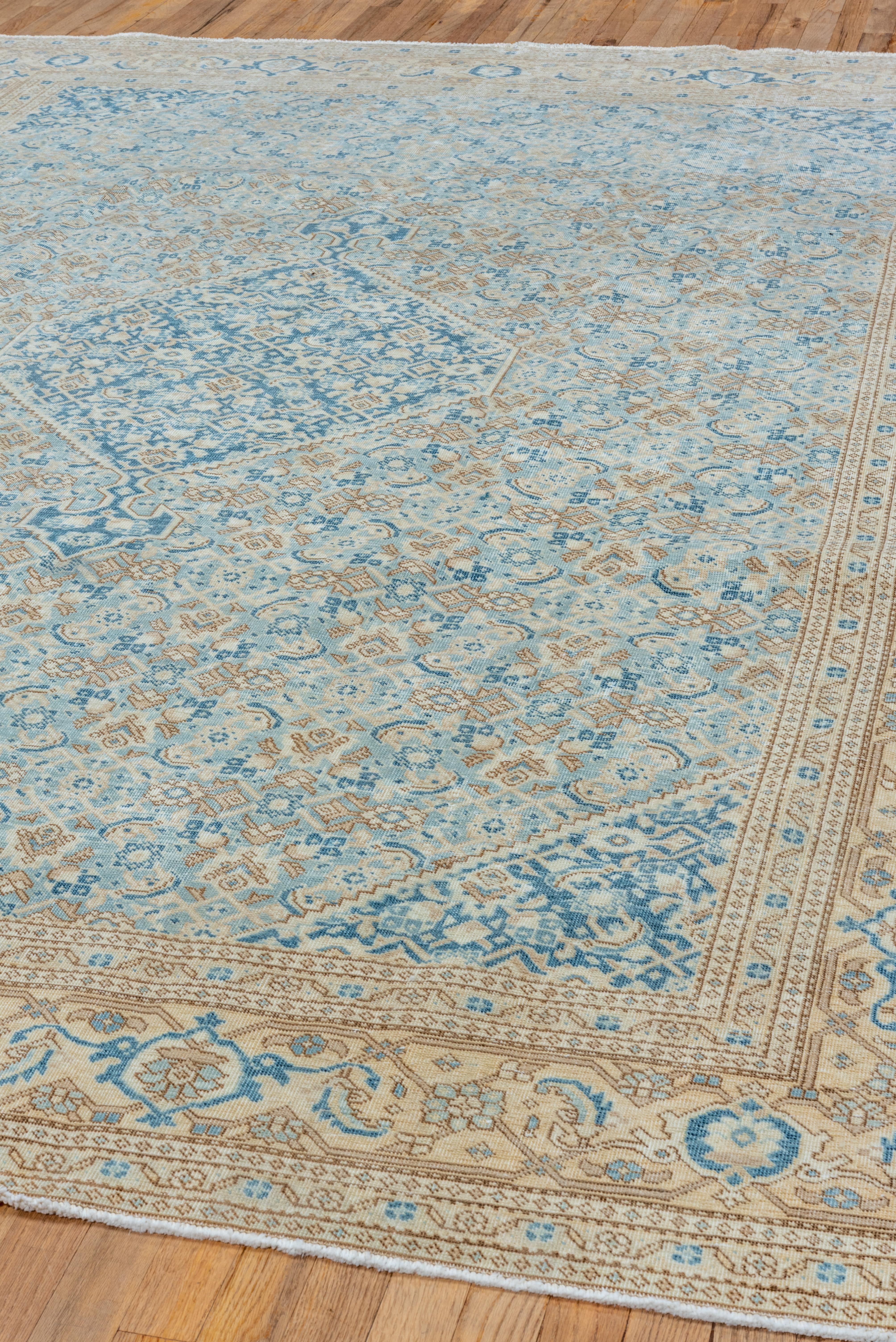 Hand-Knotted Antique Persian Tabriz Rug, Light Blue Herati Field, Innter Royal blue Medallion For Sale