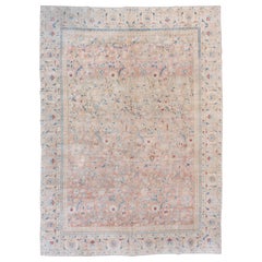 Antique Persian Tabriz Rug, Light Pink Allover Field, Blue Accents, Circa 1930s