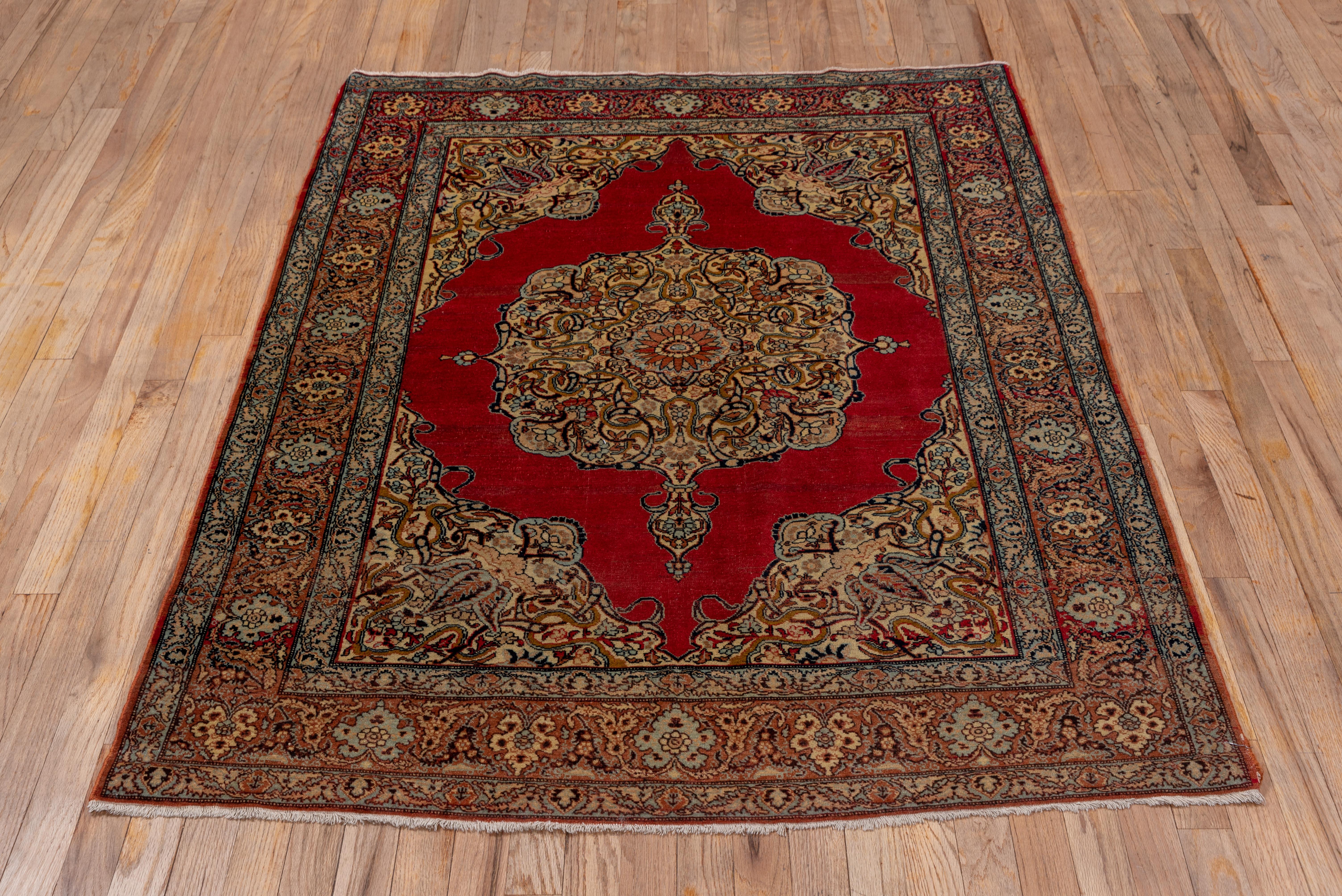 Hand-Knotted Antique Persian Tabriz Rug, Red Field, Coral Borders, Medium Pile For Sale