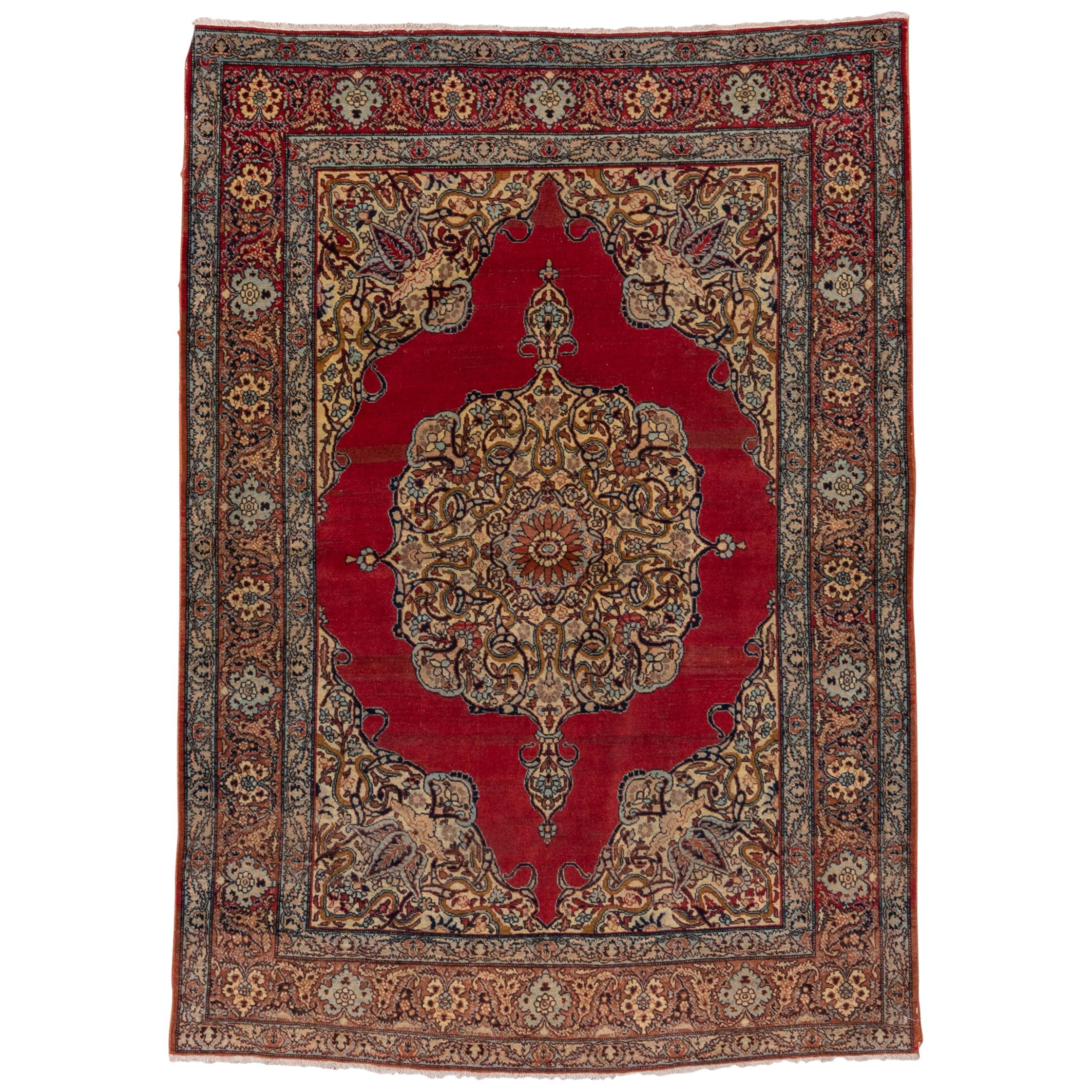 Antique Persian Tabriz Rug, Red Field, Coral Borders, Medium Pile