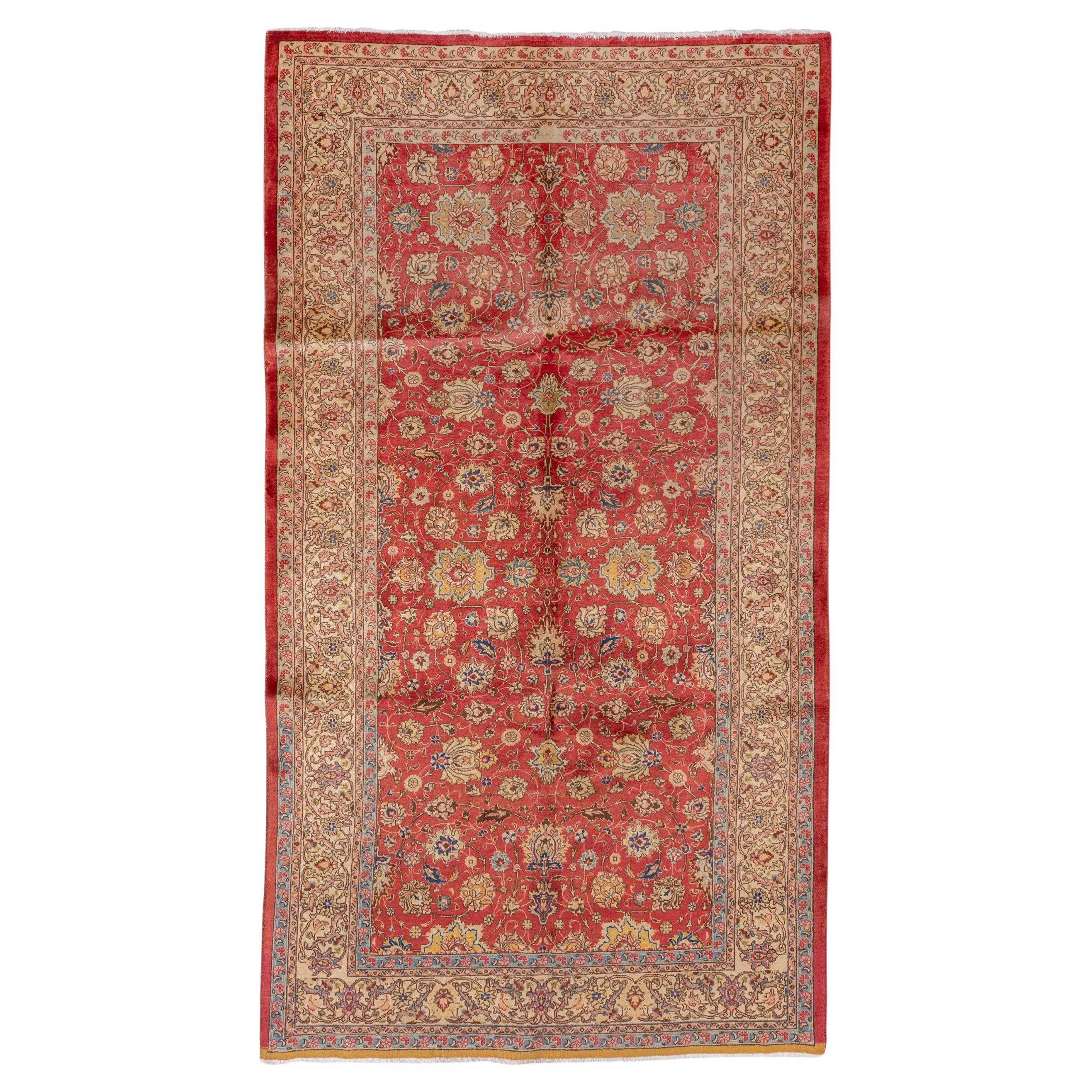 Antique Persian Tabriz Rug, Red Floral Field with Blue Accents, circa 1940s For Sale