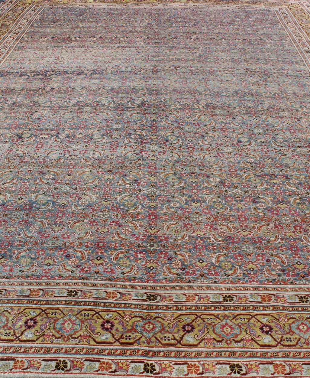 Large Antique Persian Tabriz Rug with Herati Design in Blue tones and Gold For Sale 4