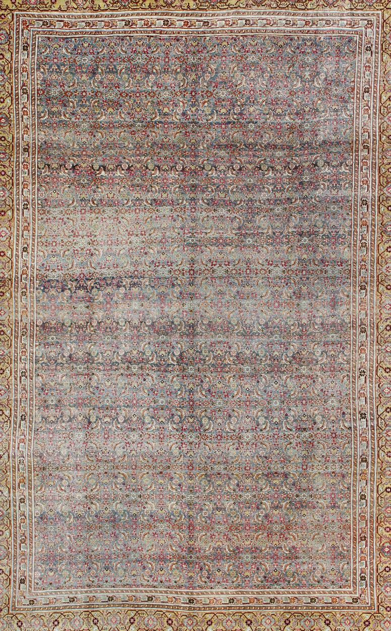 Hand-Knotted Large Antique Persian Tabriz Rug with Herati Design in Blue tones and Gold For Sale