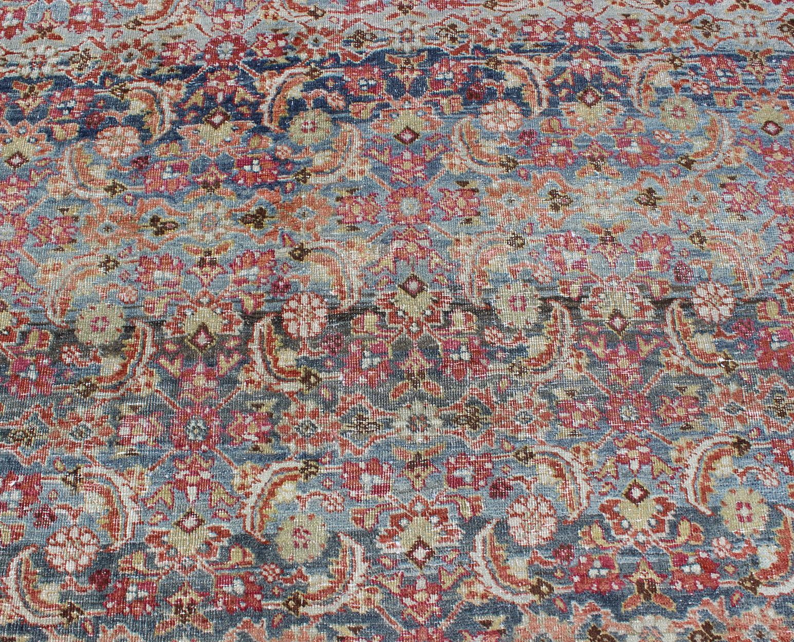 Large Antique Persian Tabriz Rug with Herati Design in Blue tones and Gold For Sale 1