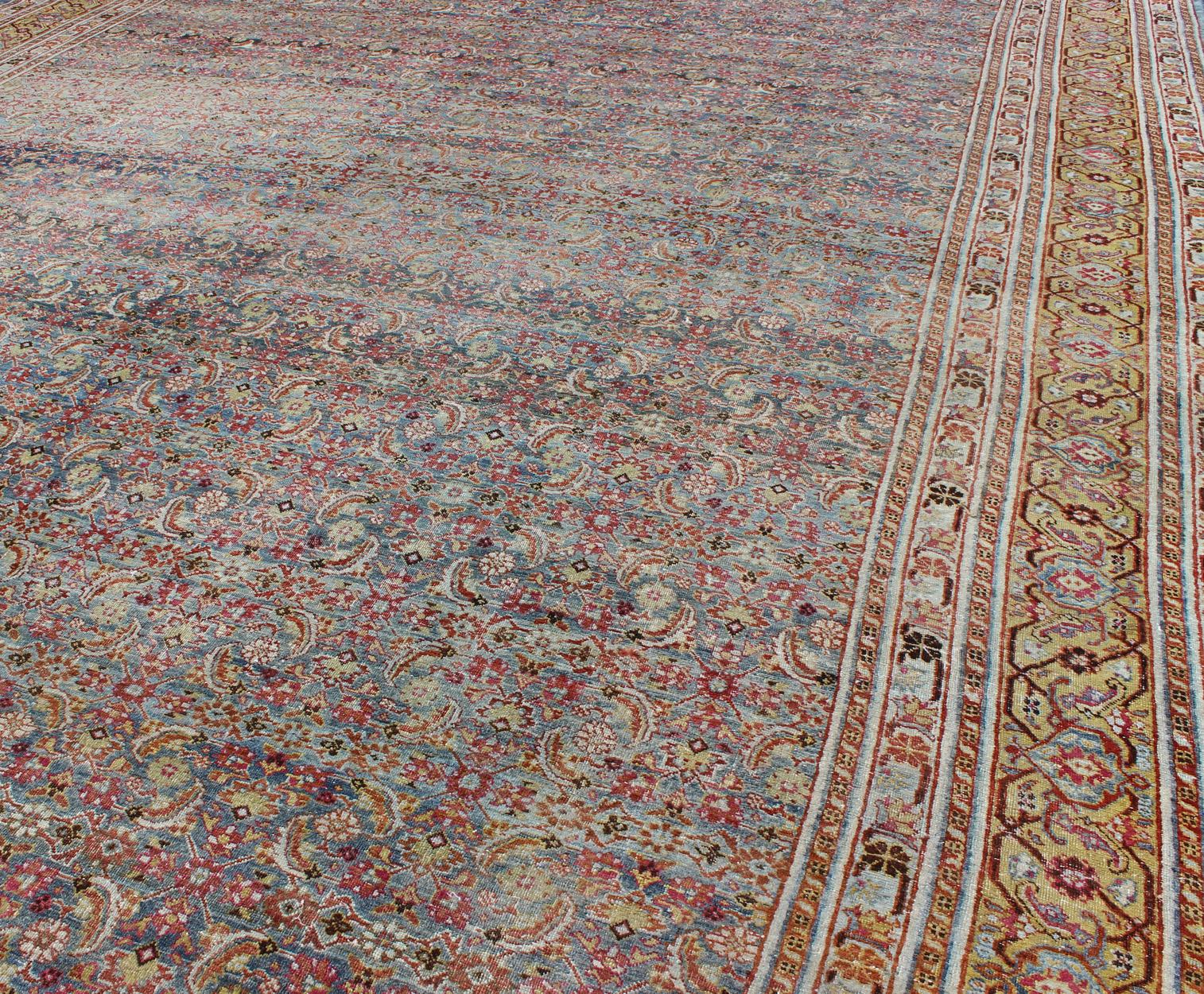 Large Antique Persian Tabriz Rug with Herati Design in Blue tones and Gold For Sale 3