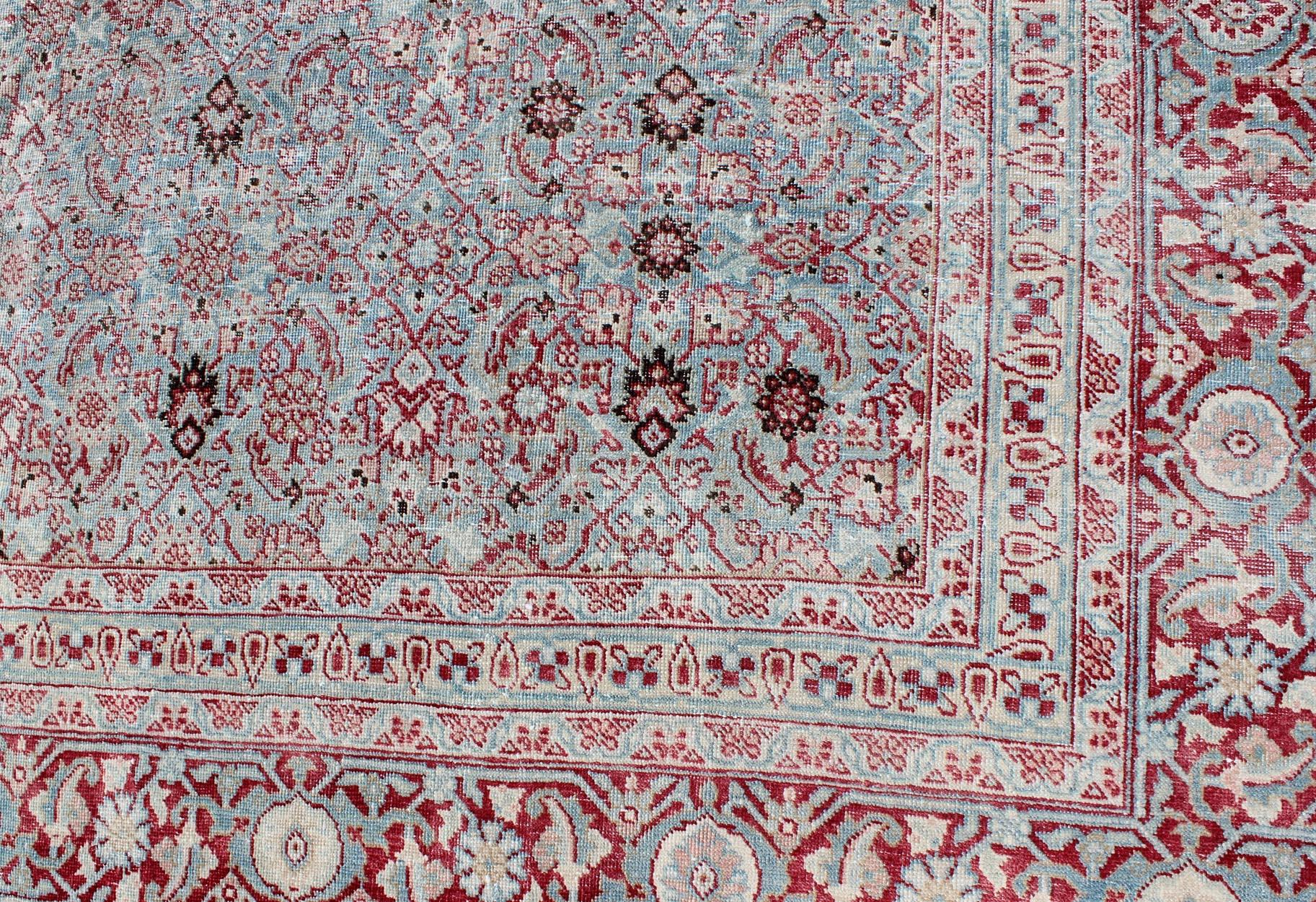 Antique Persian Tabriz Rug with All-Over Geometric Design in Light Blue and Red For Sale 4