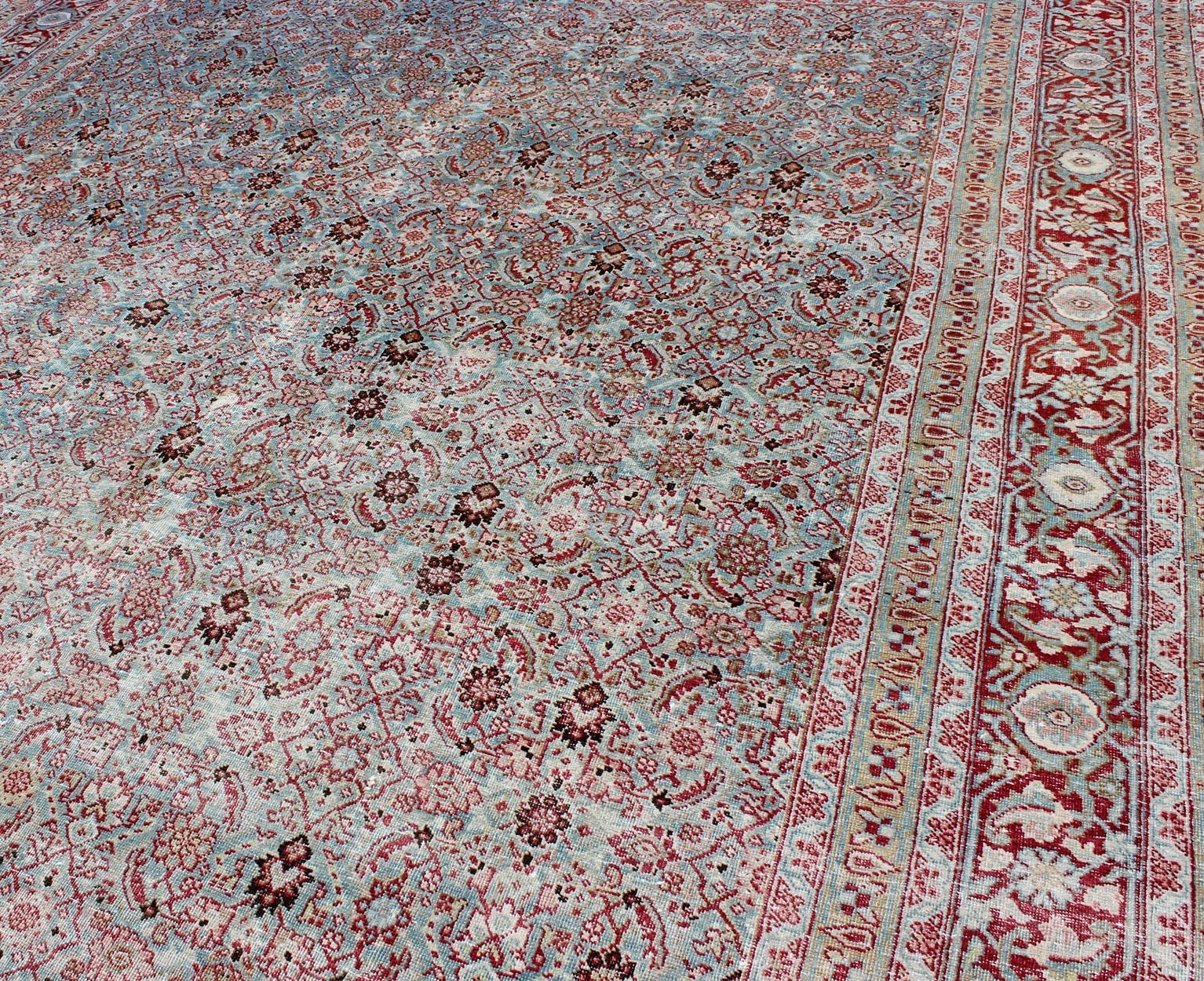 Antique Persian Tabriz Rug with All-Over Geometric Design in Light Blue and Red For Sale 6