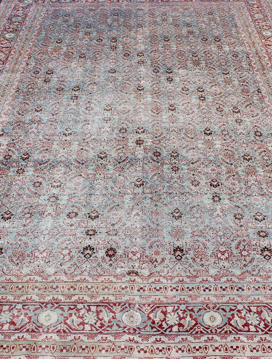 Antique Persian Tabriz Rug with All-Over Geometric Design in Light Blue and Red For Sale 7