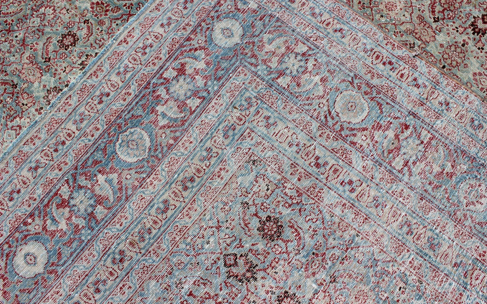 Antique Persian Tabriz Rug with All-Over Geometric Design in Light Blue and Red For Sale 8