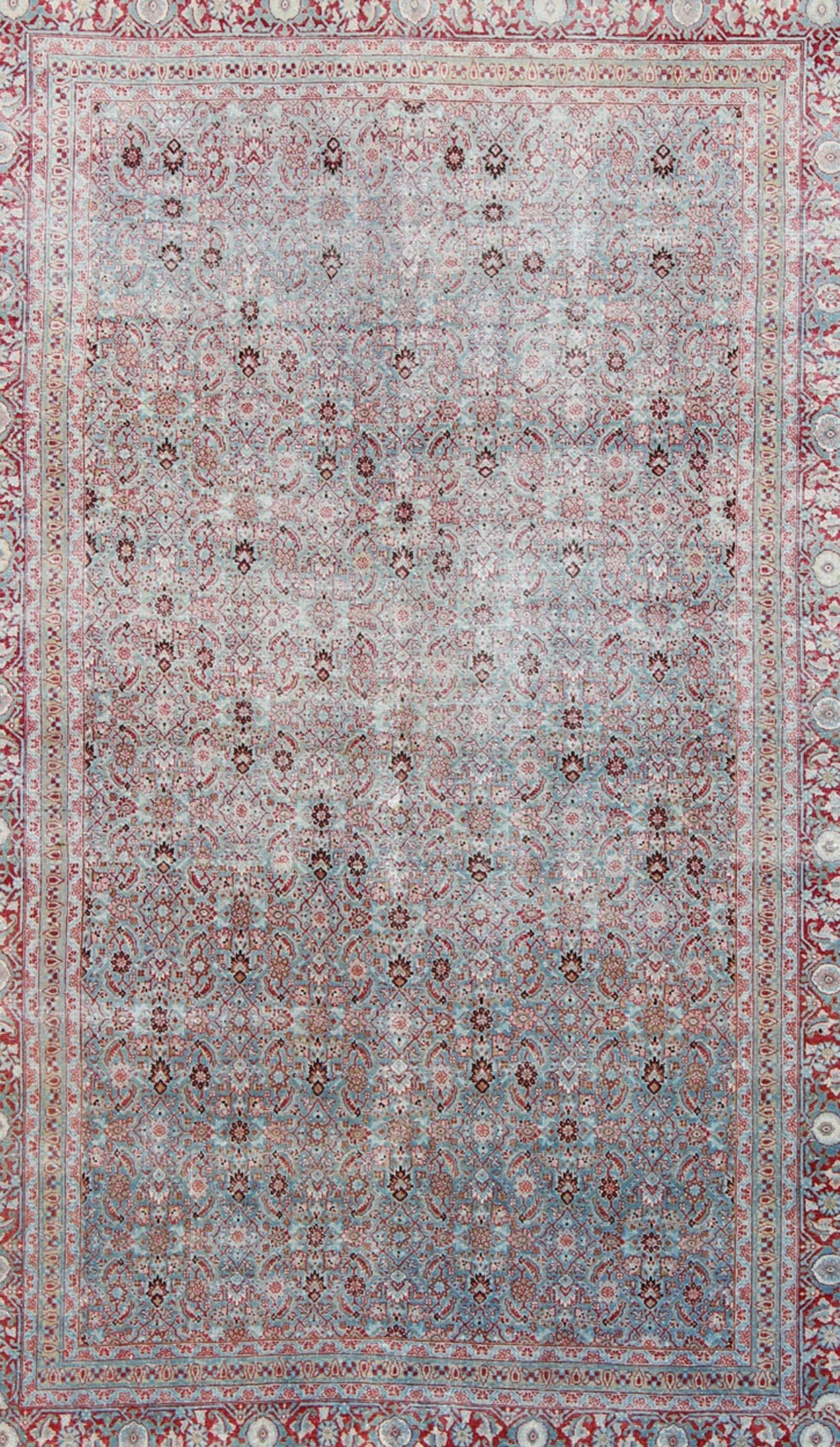 Hand-Knotted Antique Persian Tabriz Rug with All-Over Geometric Design in Light Blue and Red For Sale