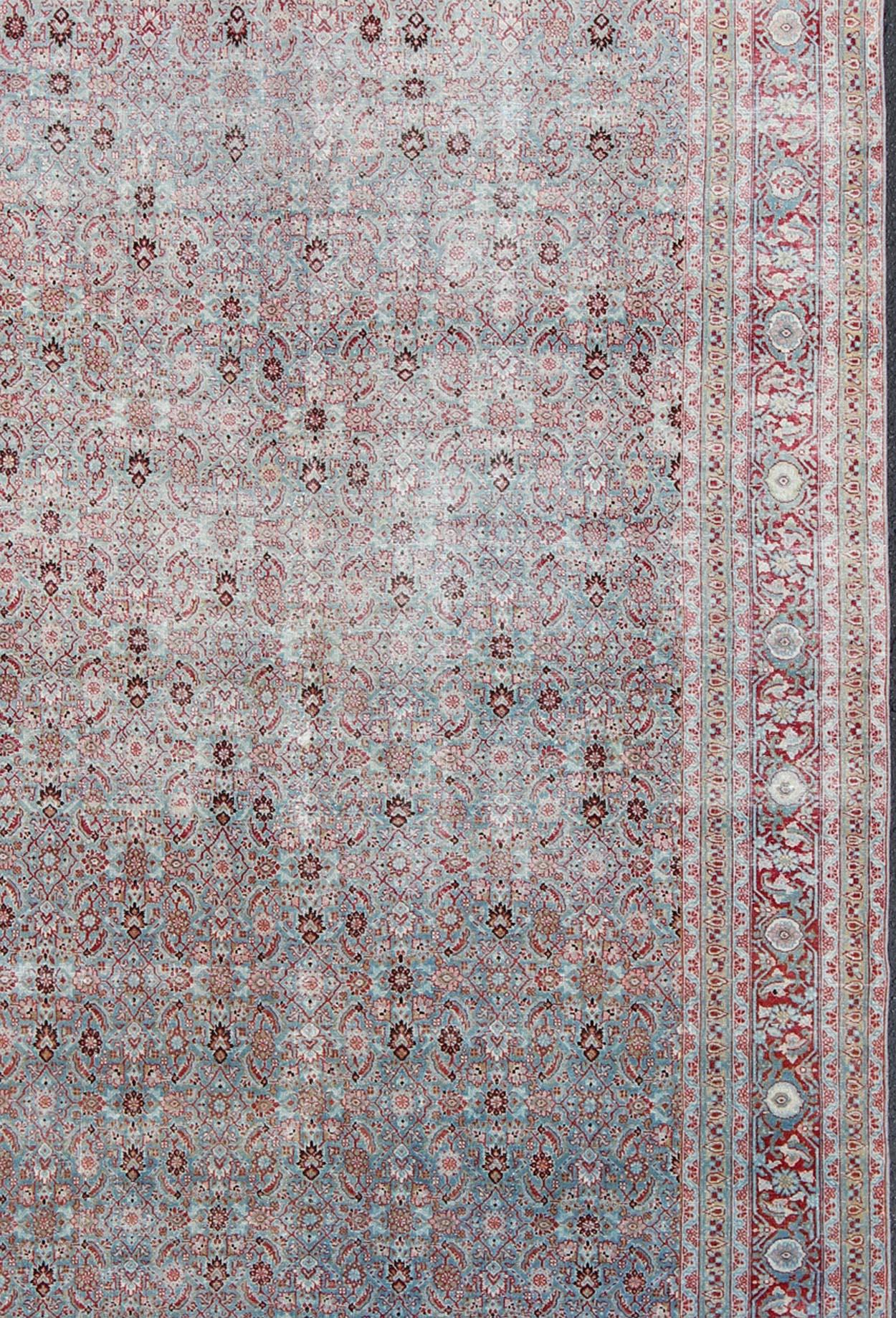Antique Persian Tabriz Rug with All-Over Geometric Design in Light Blue and Red In Good Condition For Sale In Atlanta, GA
