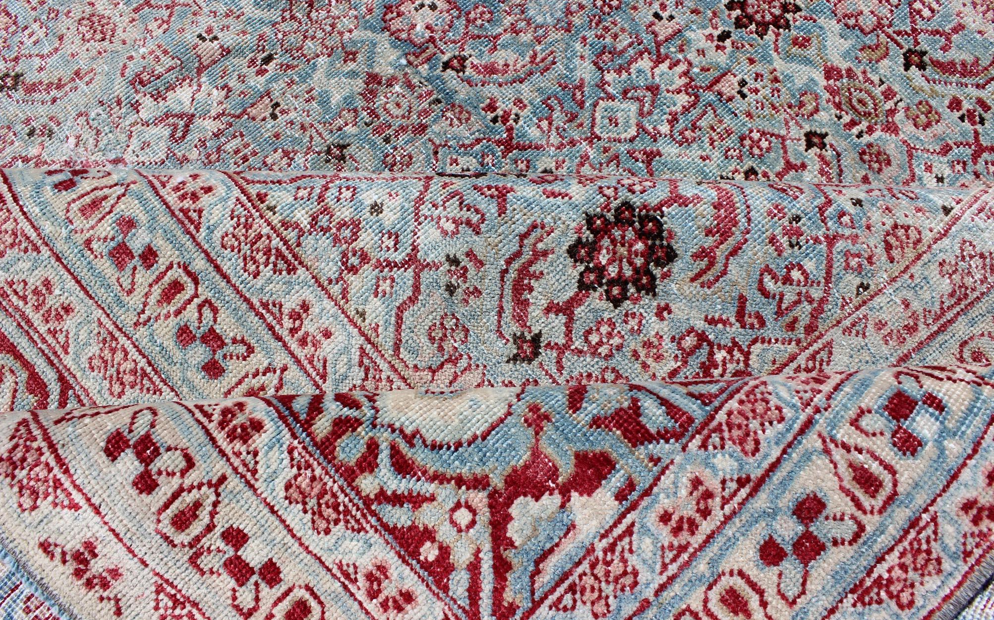 Early 20th Century Antique Persian Tabriz Rug with All-Over Geometric Design in Light Blue and Red For Sale
