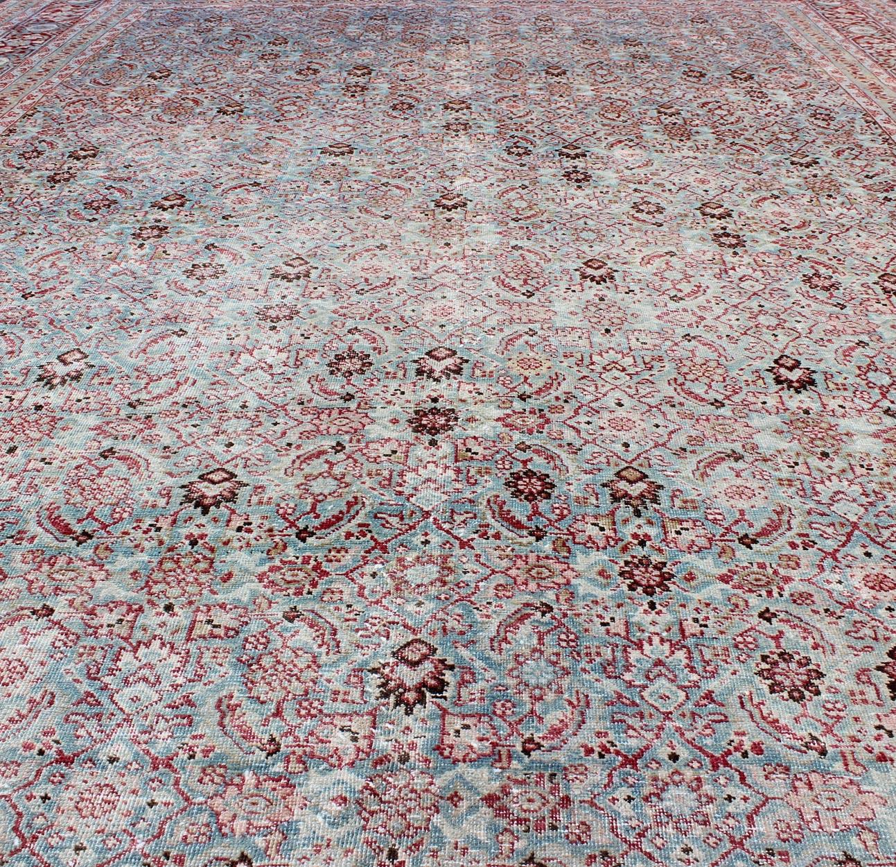 Wool Antique Persian Tabriz Rug with All-Over Geometric Design in Light Blue and Red For Sale