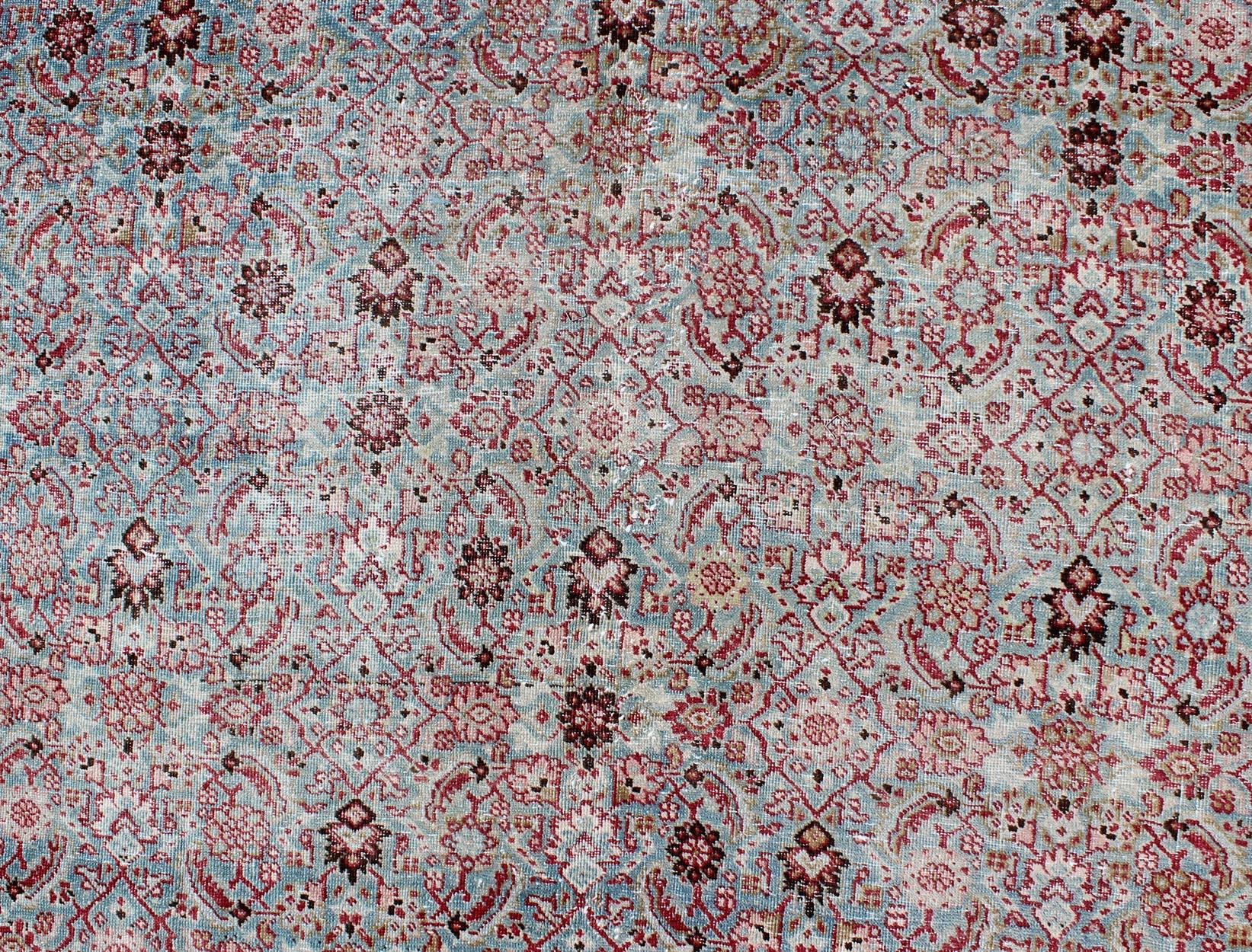 Antique Persian Tabriz Rug with All-Over Geometric Design in Light Blue and Red For Sale 1