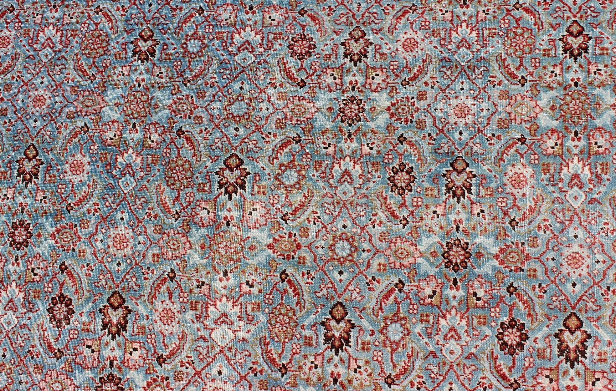 Antique Persian Tabriz Rug with All-Over Geometric Design in Light Blue and Red For Sale 2