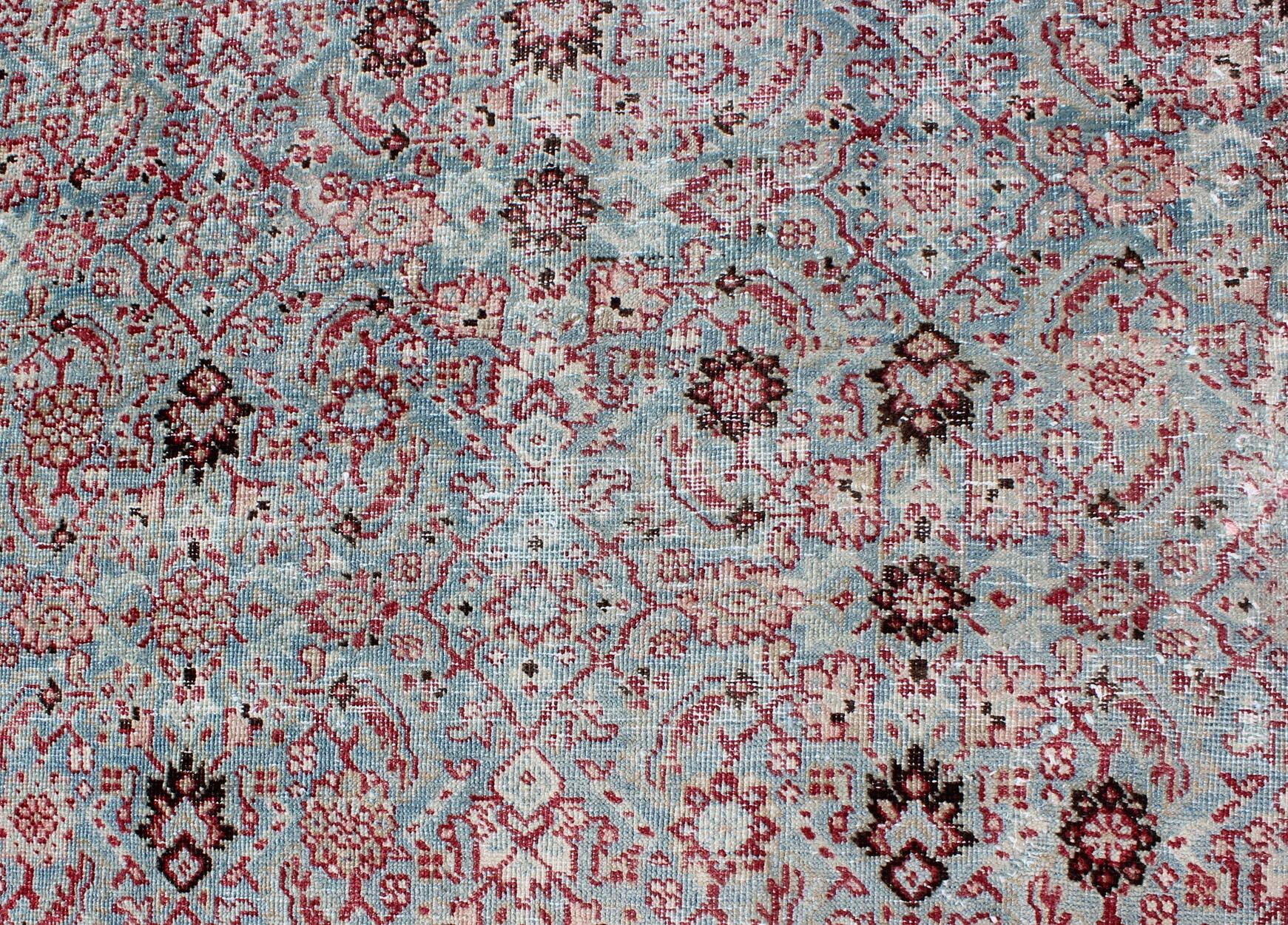 Antique Persian Tabriz Rug with All-Over Geometric Design in Light Blue and Red For Sale 3