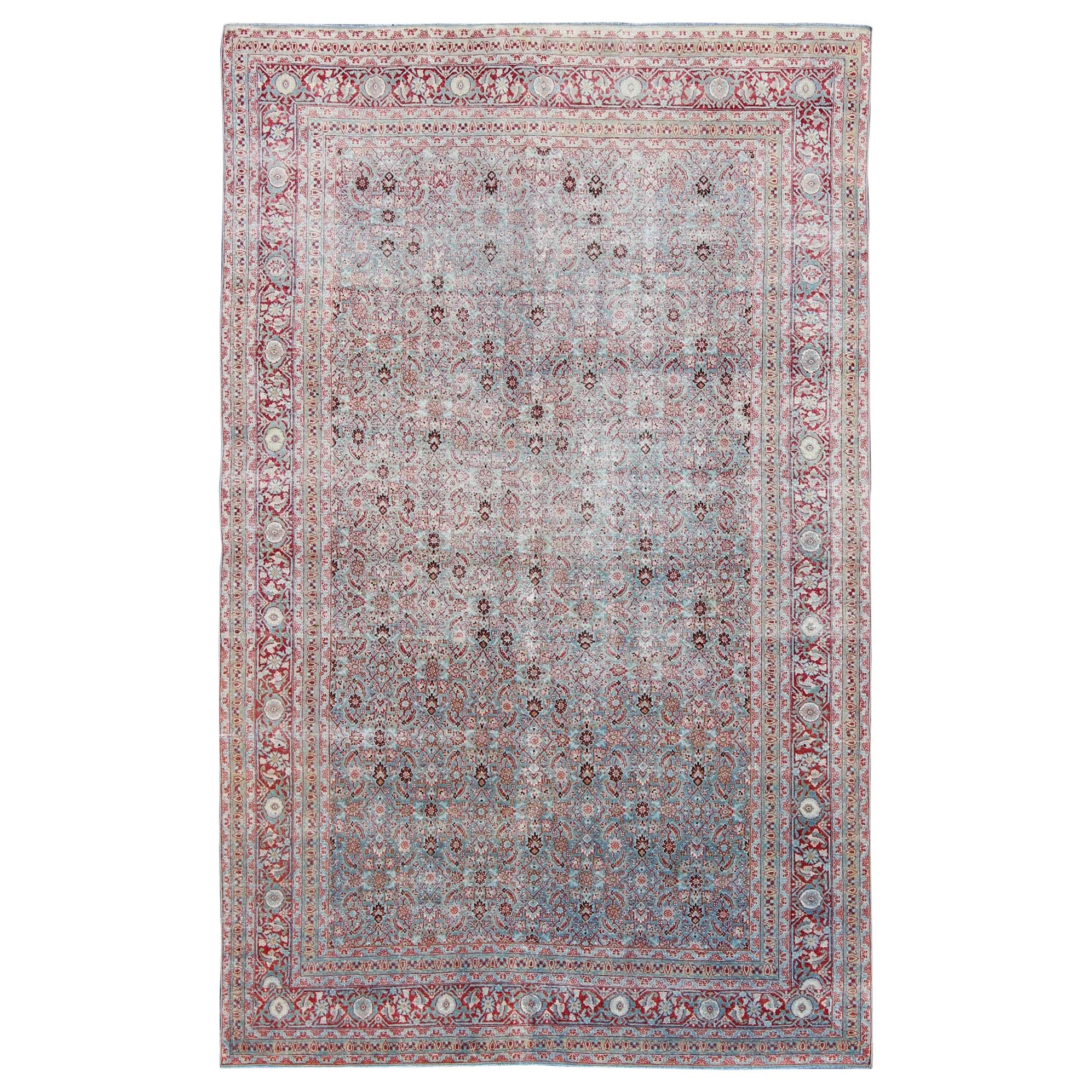 Antique Persian Tabriz Rug with All-Over Geometric Design in Light Blue and Red For Sale