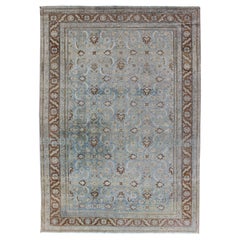 Antique Persian Tabriz Rug with All-Over Herati in Light Blue and Brown Colors
