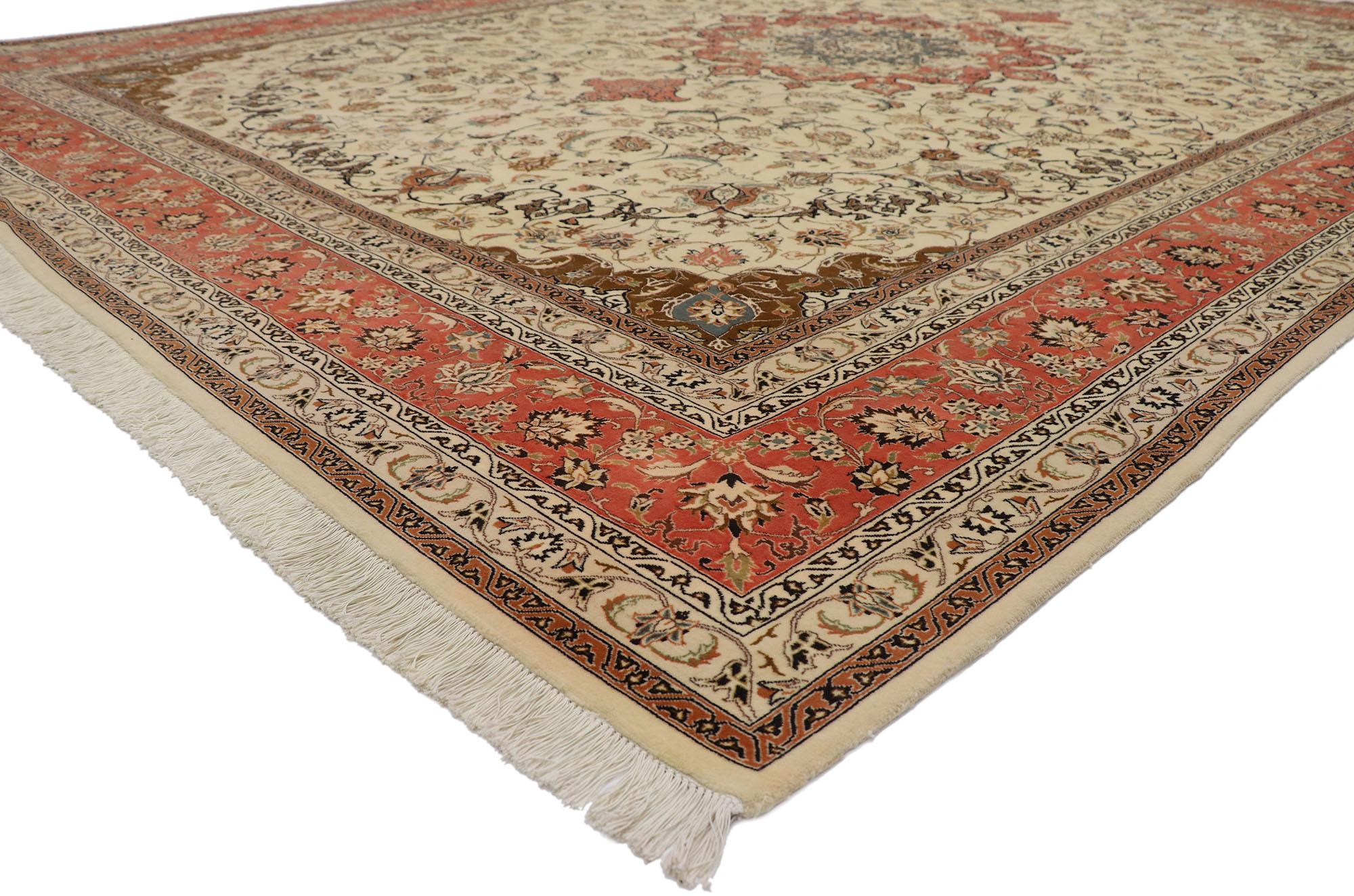 77750 Antique Persian Tabriz Rug, 09'09 x 13'01. Tabriz rugs, originating from the historic city of Tabriz in northwestern Iran, represent a pinnacle of Persian carpet weaving, boasting an extensive array of intricate designs and exceptional