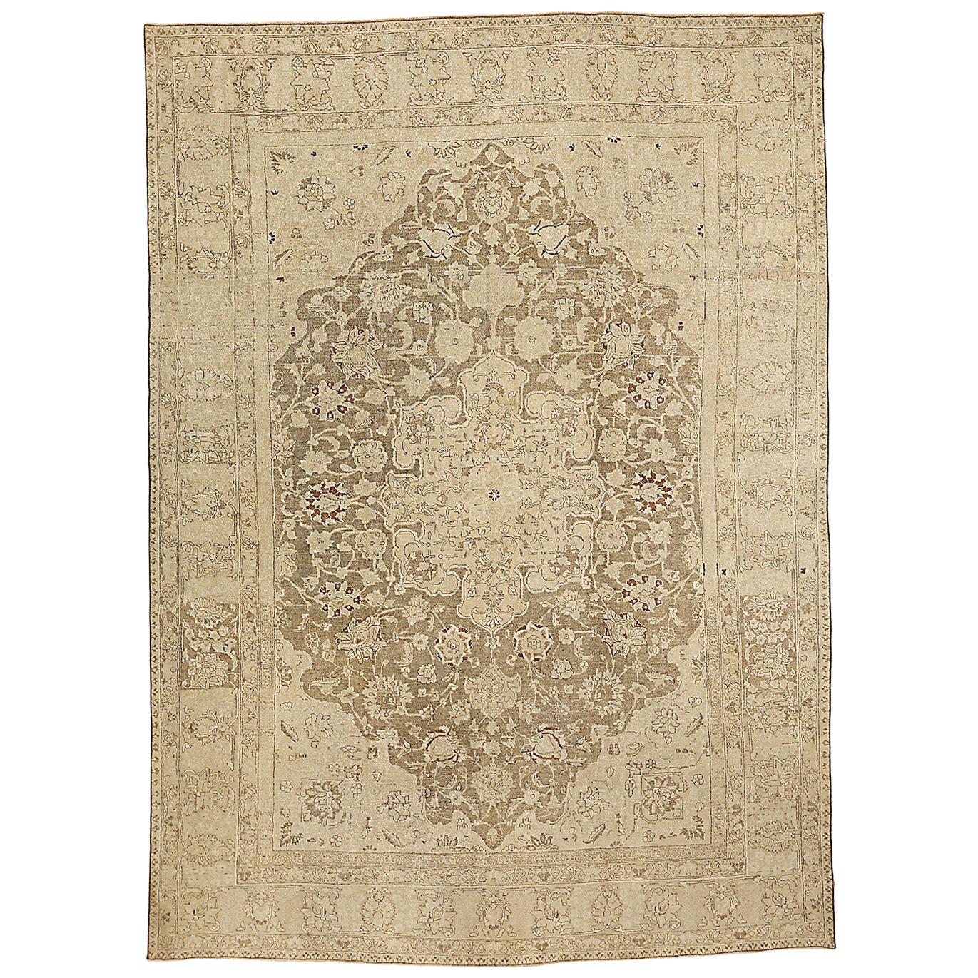 Antique Persian Tabriz Rug with Beige and Brown Floral Medallion on Center Field For Sale