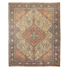 Vintage Persian Tabriz Rug with Beige and Navy Flower Details Over Ivory Field