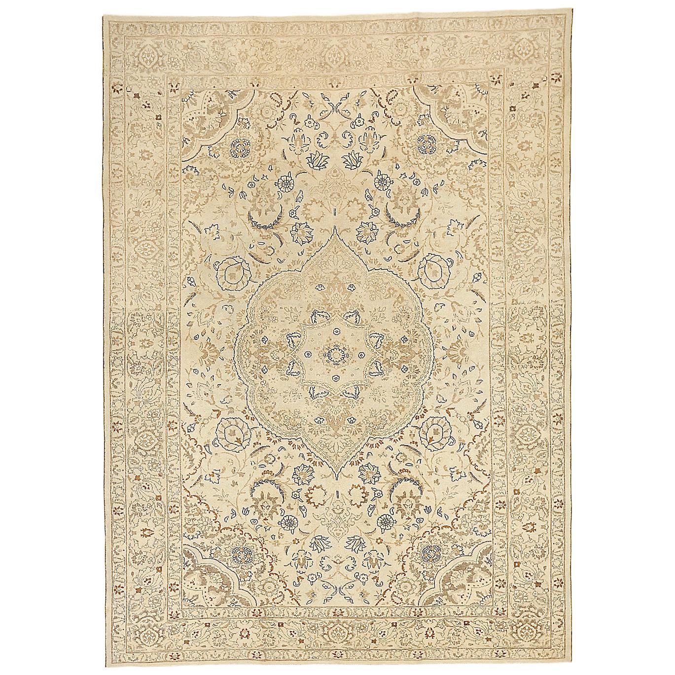 Antique Persian Tabriz Rug with Black and Brown Floral Motifs on Ivory Field For Sale