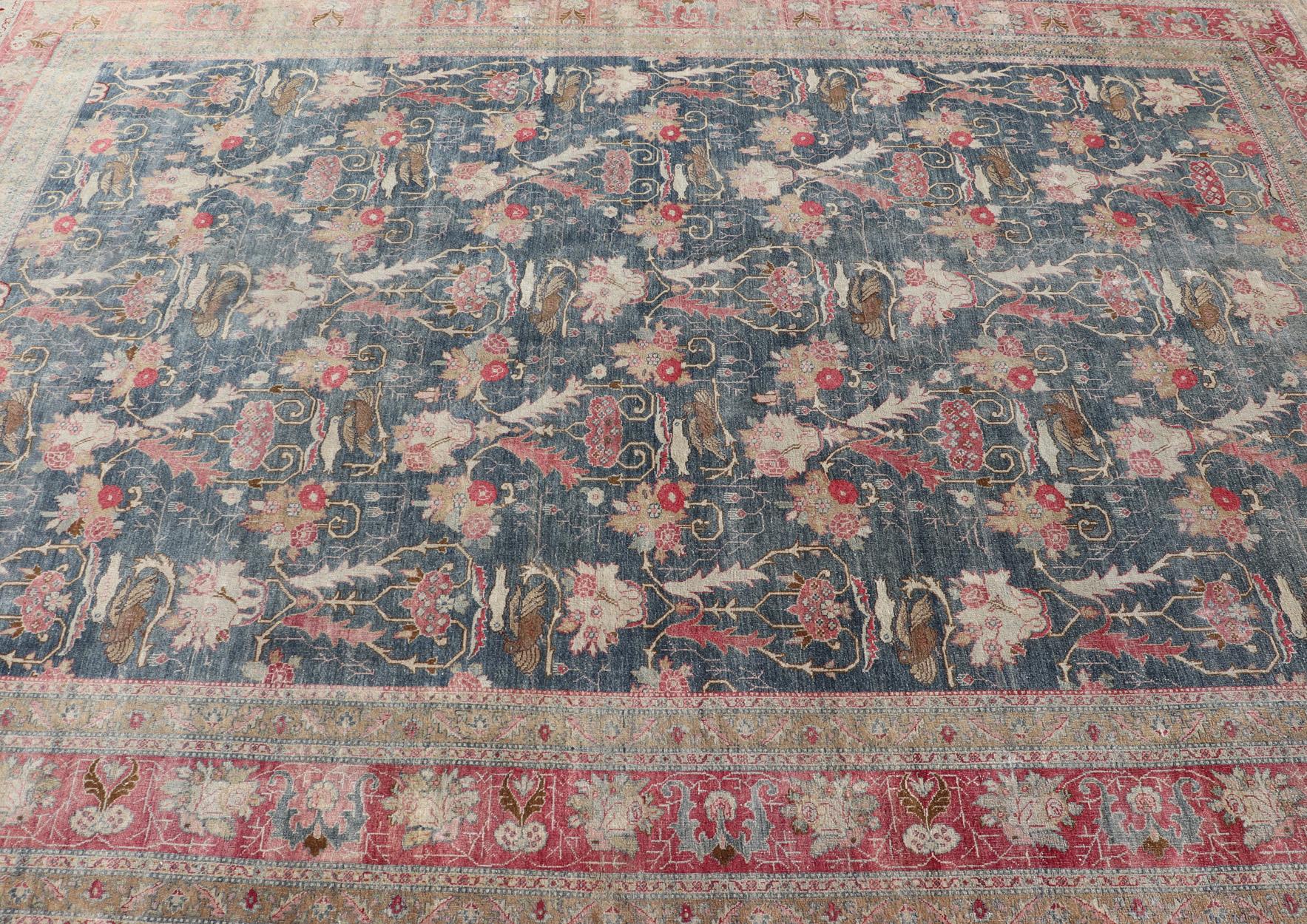 Lana Tappeto antico persiano Tabriz con disegno a briglia in blu Keivan Woven Arts 8'8 x 12' in vendita