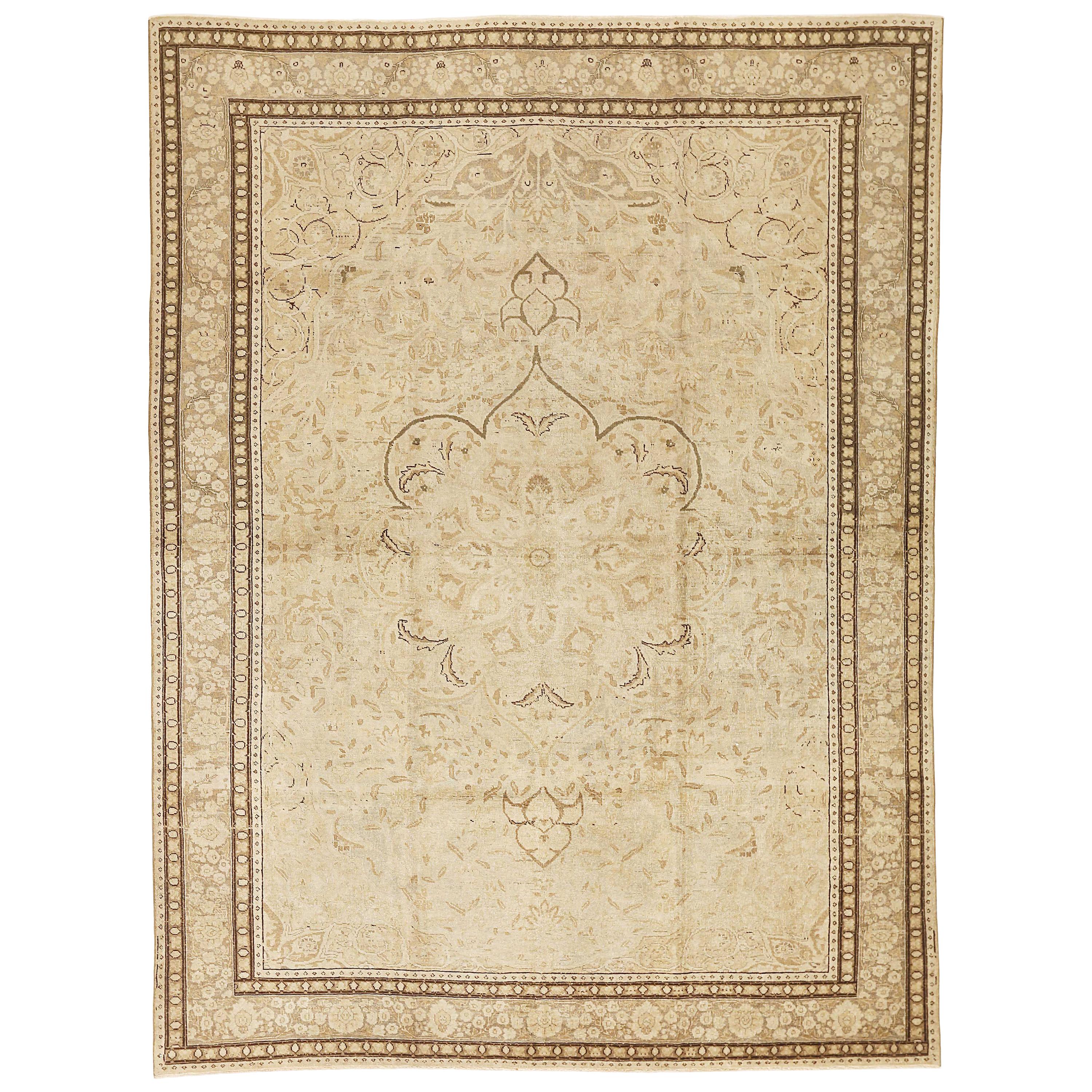 Antique Persian Tabriz Rug with Brown and Ivory Floral Field For Sale