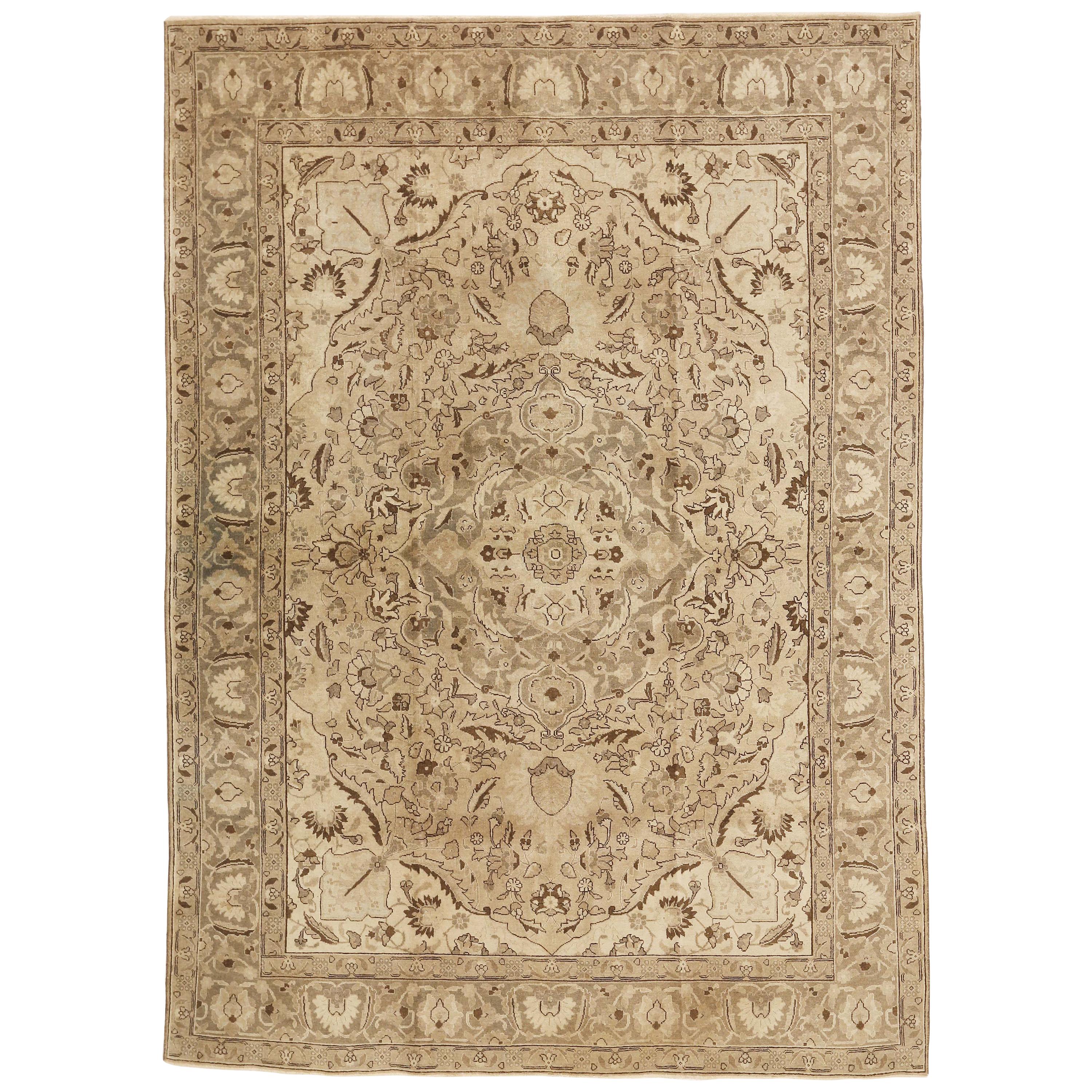 Antique Persian Tabriz Rug with Brown Botanical Details on Ivory Field